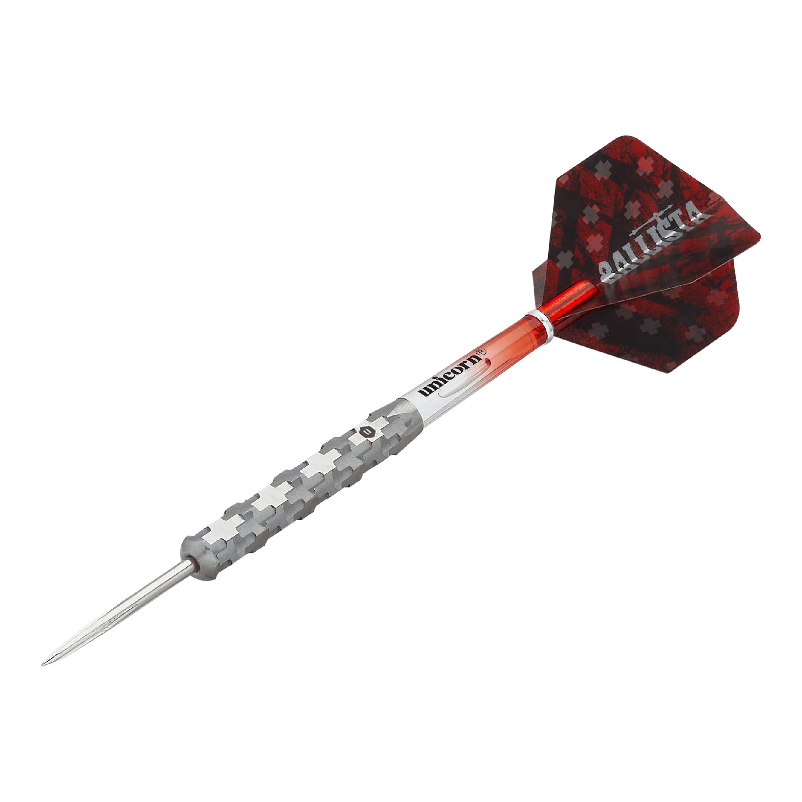 Dardos de acero Unicorn Ballista Style 1 Dies ist ein Steeldart aus der Produktreihe "Unicorn Ballista Style 1". Er hat einen silbernen, strukturierten Schaft und rote Flights mit Muster.