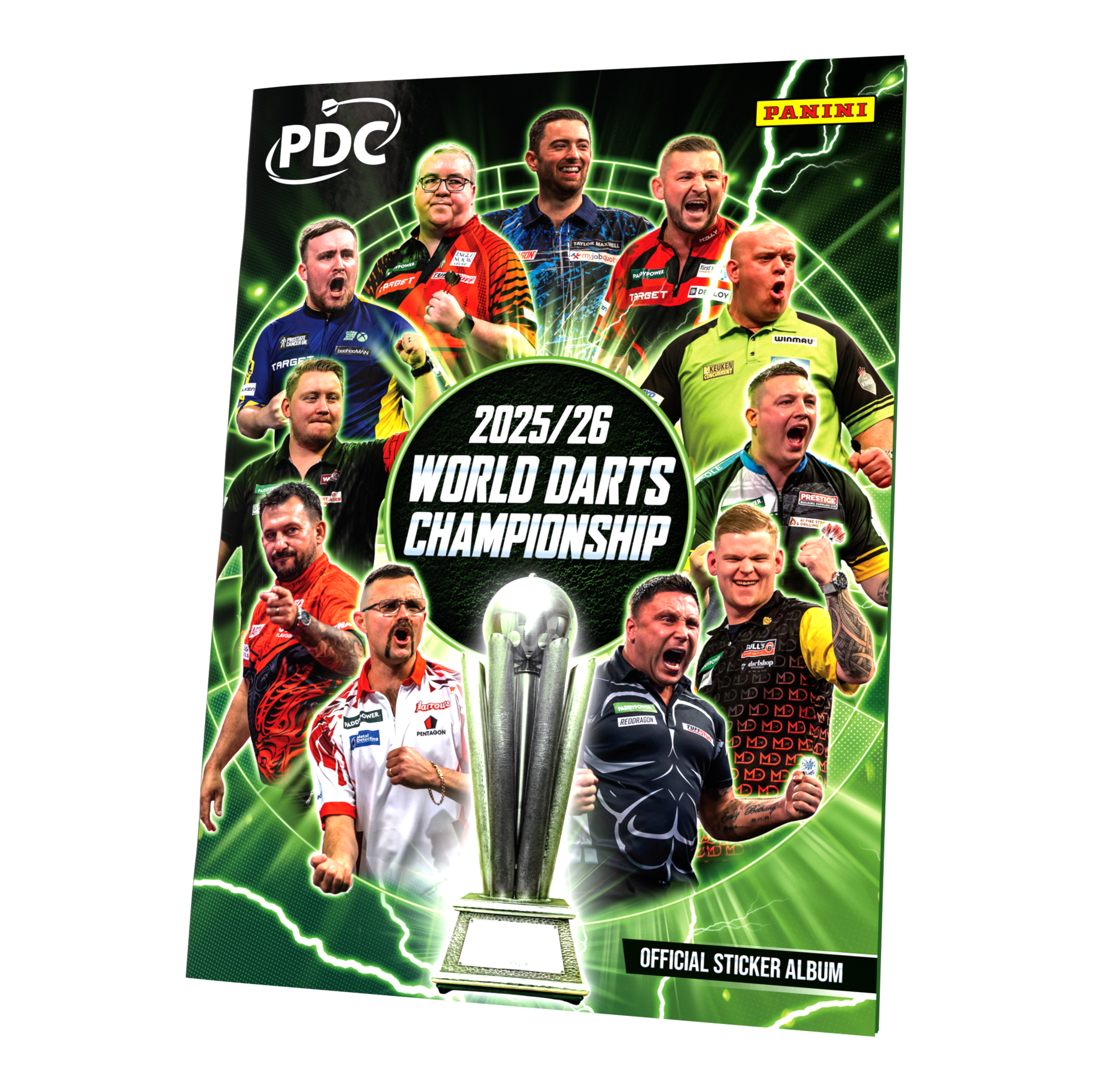 Campeonato Mundial de Dardos Panini PDC 2025/26 - Paquete de inicio de tapa blanda con 10 paquetes de pegatinas Das Bild zeigt das Panini PDC World Darts Championship 2025/26 - Softcover Starter Bundle mit 10 Sticker Packs. Es enthält Stickerpacks und ein Softcover-Heft für Sammler.