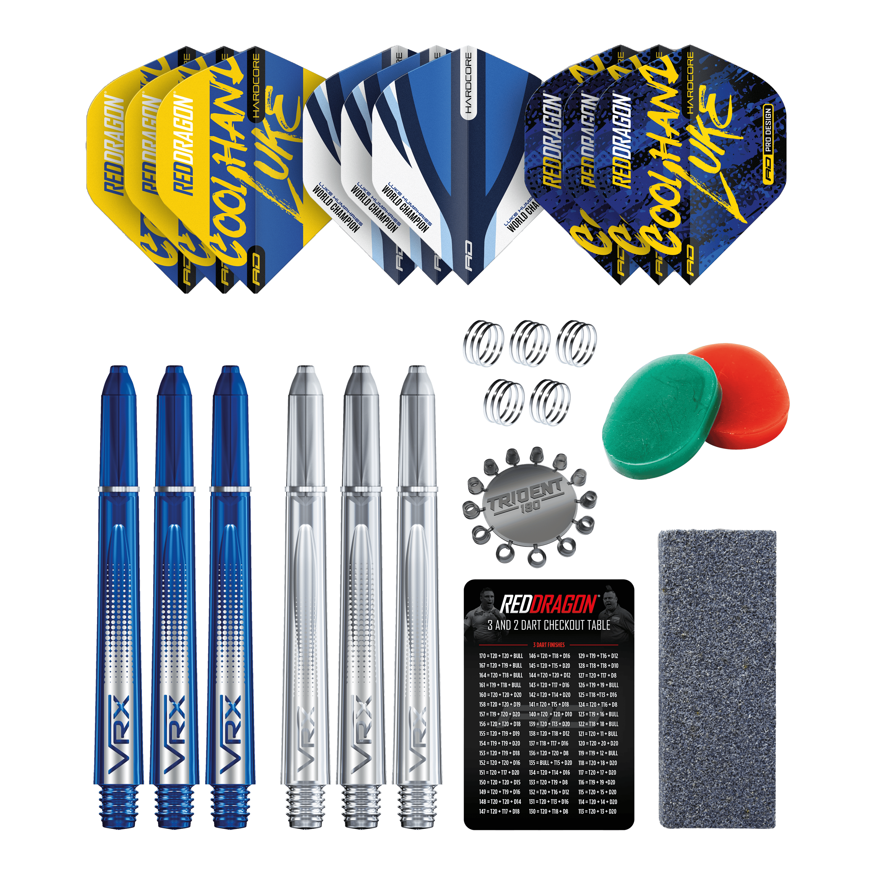 Paquete de accesorios Optima de Luke Humphries del Red Dragon Das Bild zeigt das Red Dragon Luke Humphries Optima Zubehör Pack für Darts. Enthalten sind Flights, Shafts, Federn, Tridents, ein Schleifstein, ein Checkout-Table, sowie weiteres nützliches Dartzubehör.