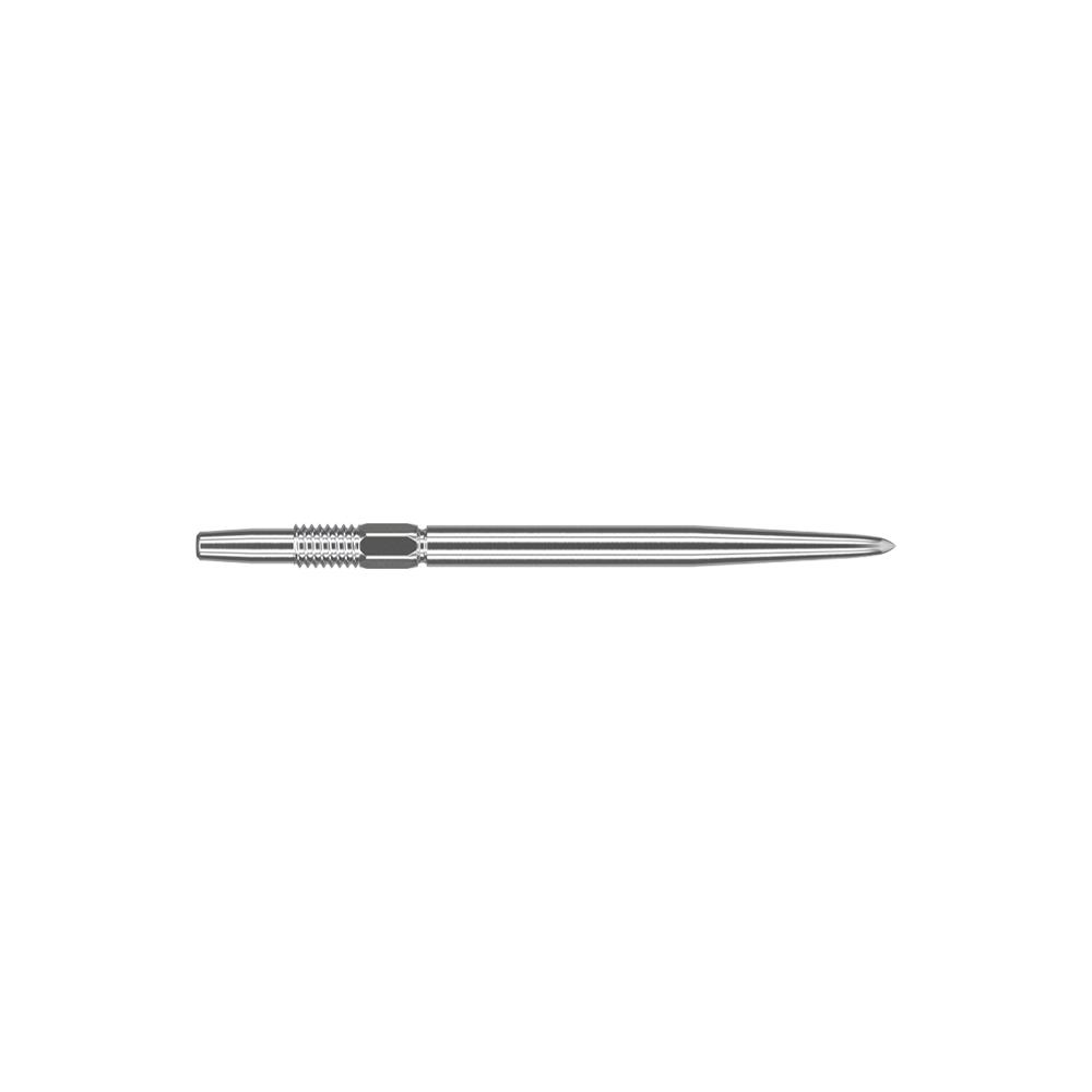 Puntas de dardos Target Swiss Point Silver Das Bild zeigt eine silberne Dartspitze mit einer Länge von 30 mm. Die Spitze ist schmal und hat feine Rillen im hinteren Bereich für besseren Halt.