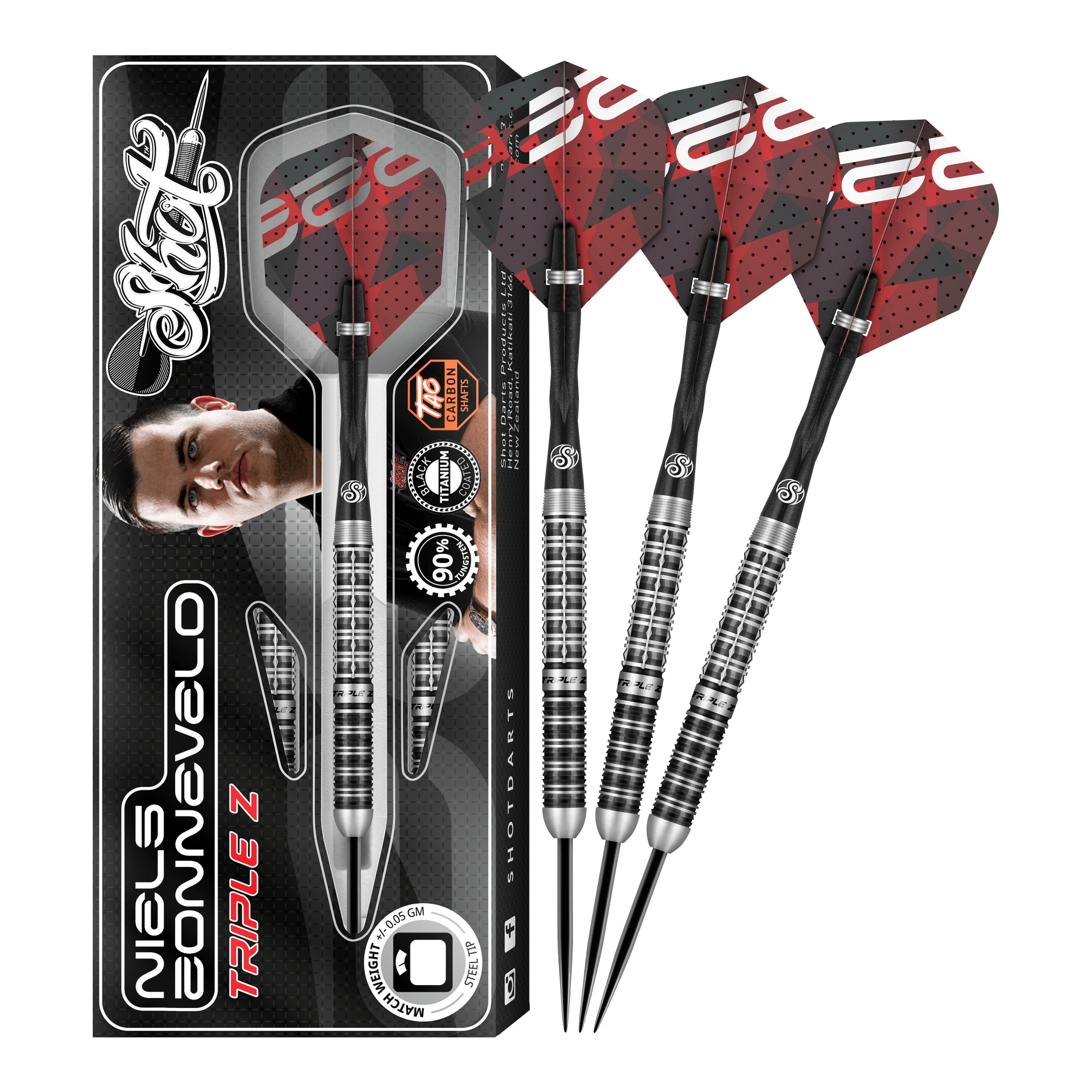 Tiro de dardos de acero Niels Zonneveld V2 Das Bild zeigt das Produkt "Shot Niels Zonneveld V2 Steeldarts" samt Verpackung und vier Steeldarts. Die Darts haben ein silber-schwarzes Design mit roten Flights.
