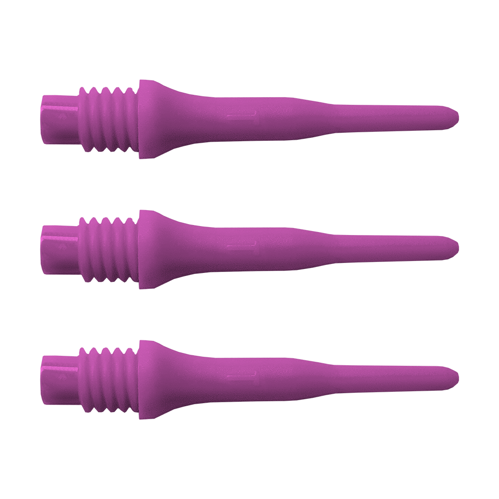 896_Bulls_Tefo_X_Softdart-Spitzen_100erPack_Pink_1 Das Bild zeigt drei lila Kunststoffspitzen mit Gewinde. Es handelt sich um das Produkt "Bulls Tefo X Spitzen (100er Pack)".