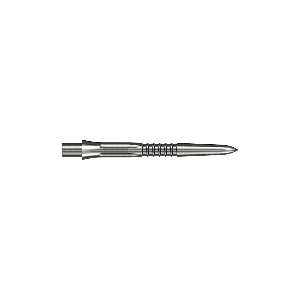 Das Bild zeigt eine silberne Steeldartspitze mit 26mm Länge. Es handelt sich um Mission Caliburn EVO GV1 Steeldartspitzen.