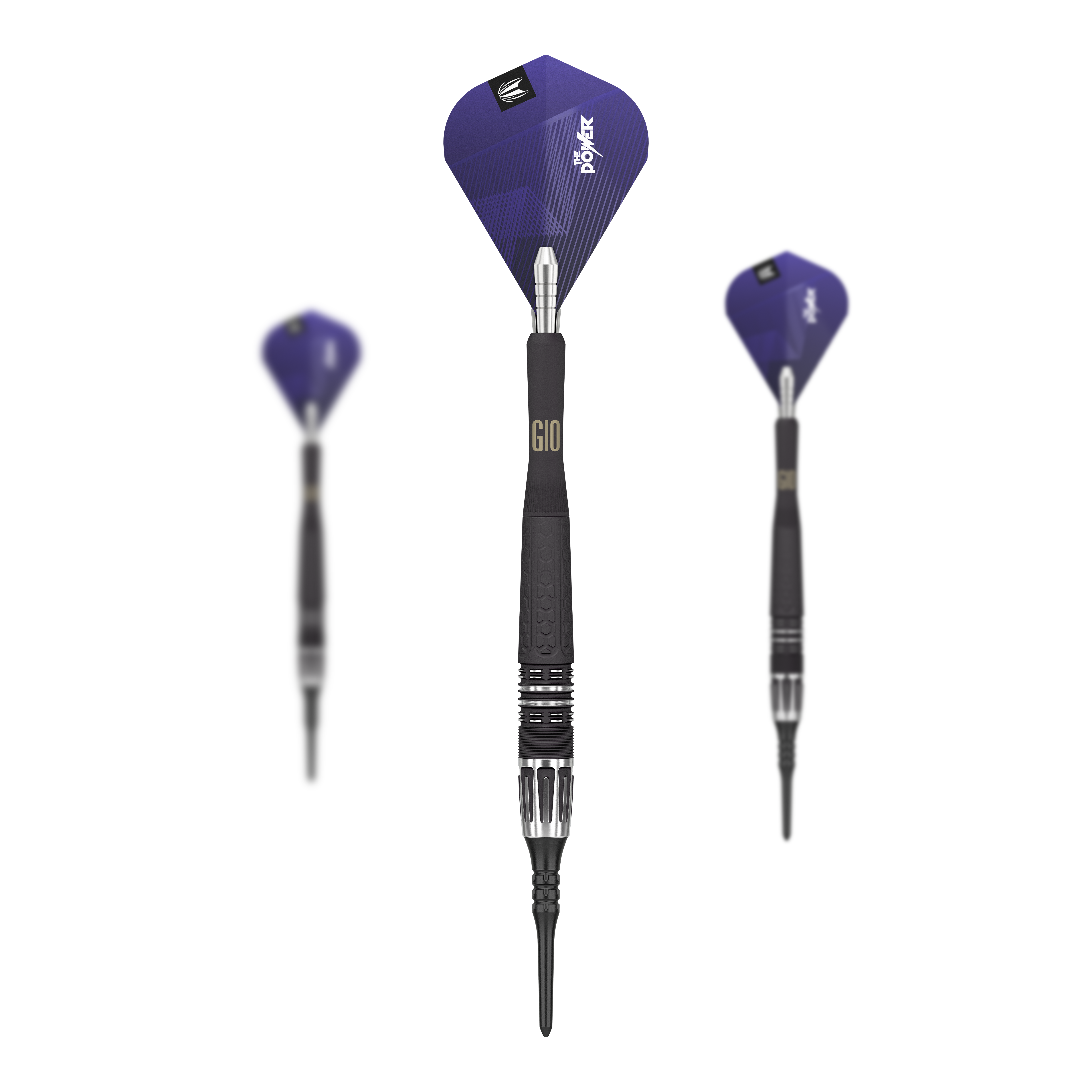 Dardos blandos Target Phil Taylor Power 9Five GEN10 Auf dem Bild sind drei Target Phil Taylor Power 9Five GEN10 Softdarts zu sehen. Die Darts haben schwarze Griffe und blaue Flights mit dem Aufdruck "Power".