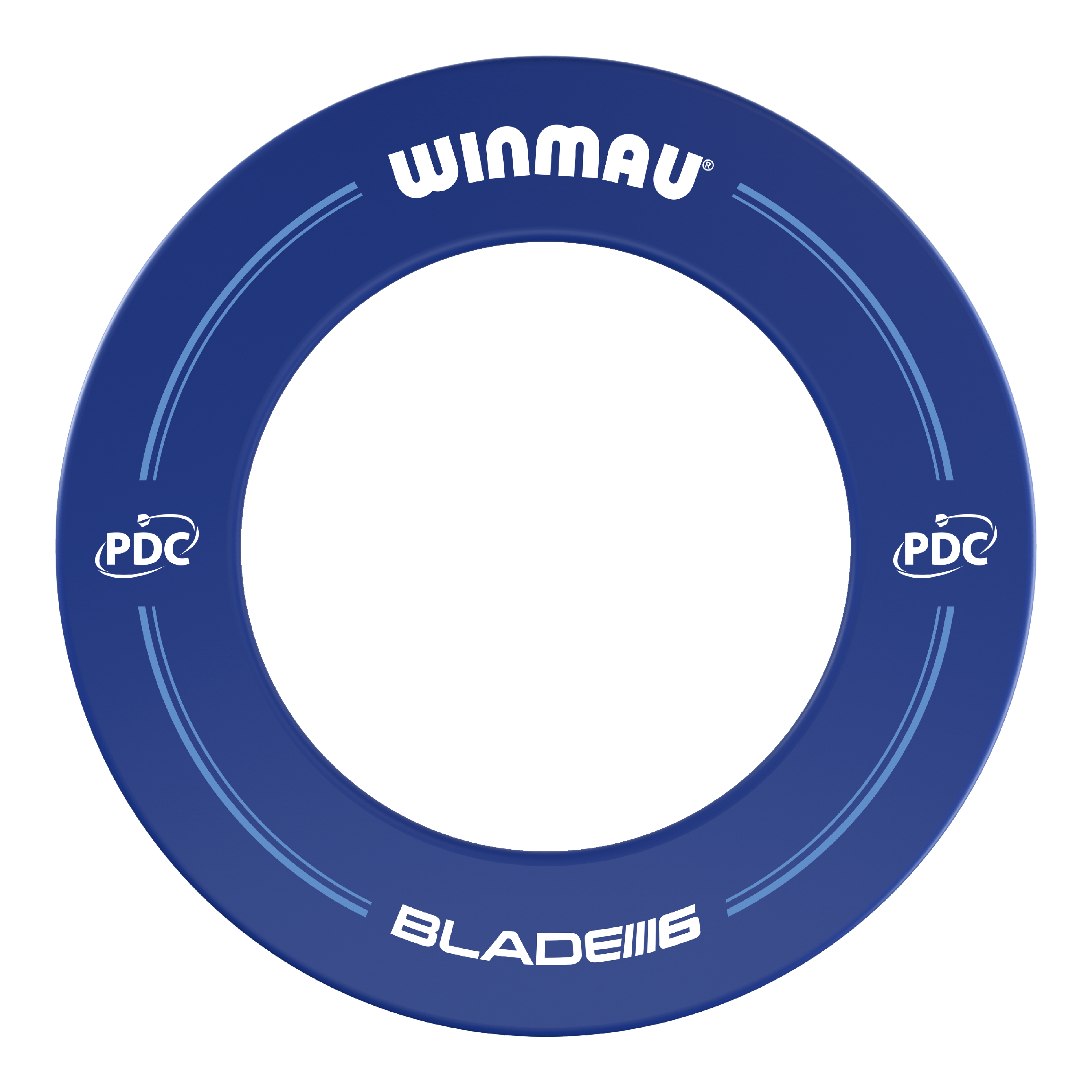 Das Bild zeigt einen blauen Dartboard-Surround der Marke Winmau mit PDC-Logo. Auf dem Ring stehen die Worte "WINMAU" und "BLADE 6".