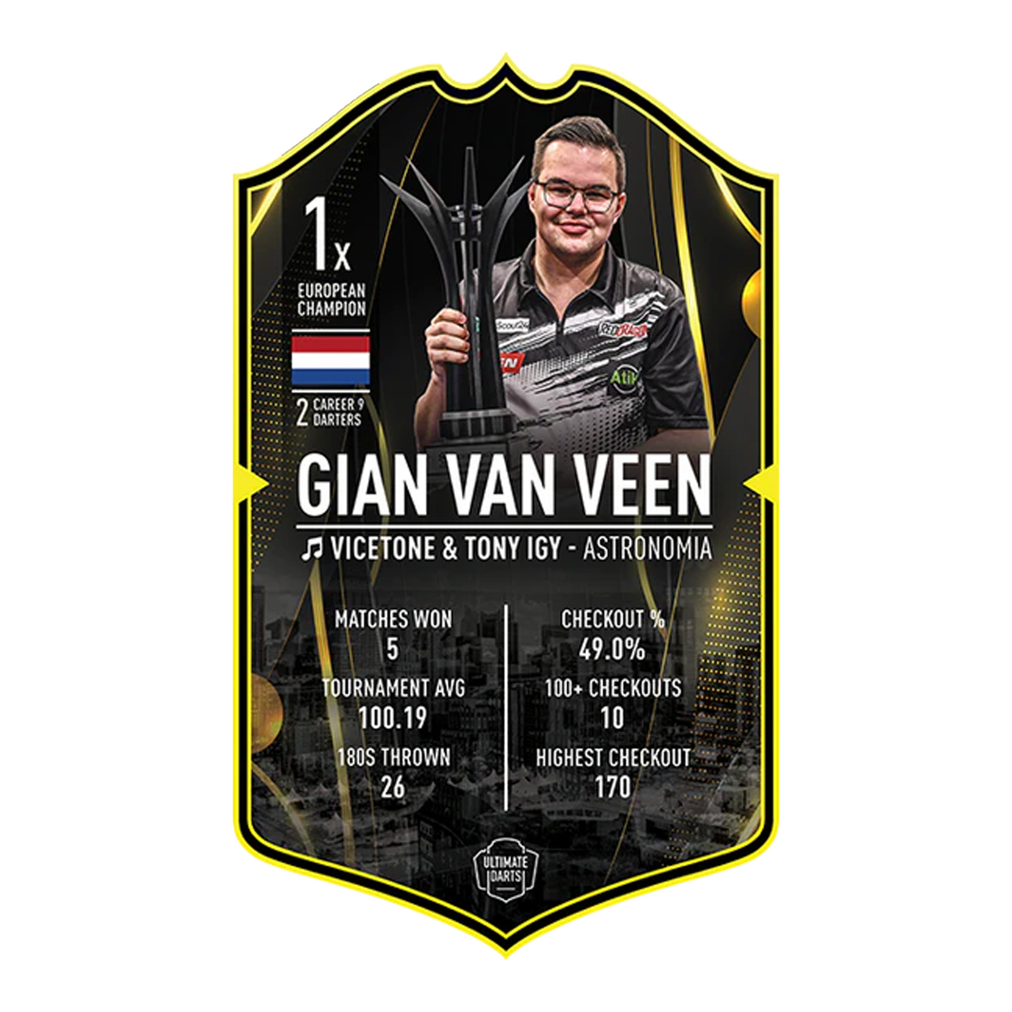 Tarjeta de dardos definitiva - Gian Van Veen Ultimate Darts Card - Gian Van Veen. Diese Karte zeigt den Spieler Gian Van Veen aus der Ultimate Darts Card Serie.