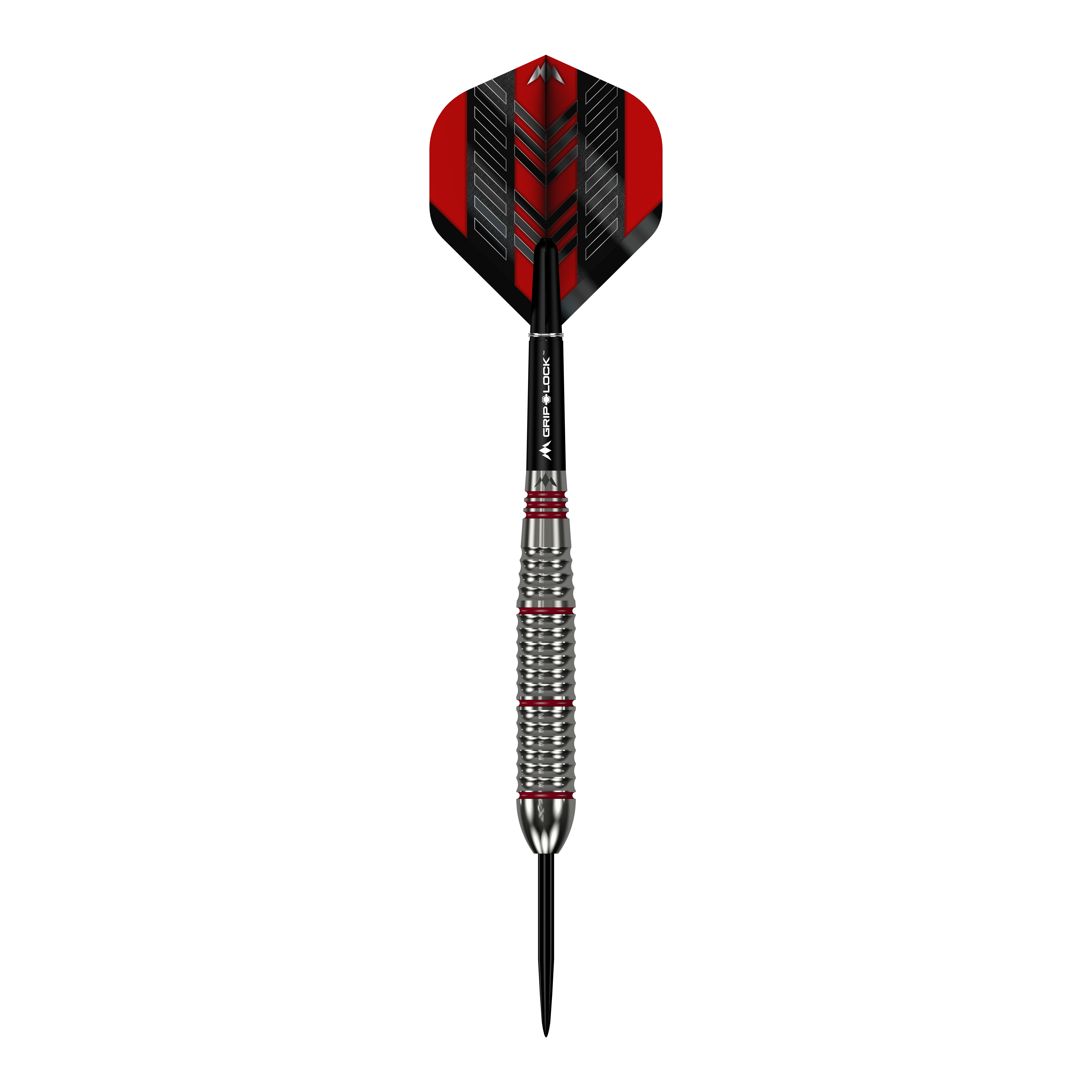 Dardos Mission Rogue de latón y acero - 22 g Das Bild zeigt einen Mission Rogue Brass Steeldart mit einem Gewicht von 22 Gramm. Der Dart hat ein silbernes, geriffeltes Barrel und rote sowie schwarze Akzente an Flight und Shaft.