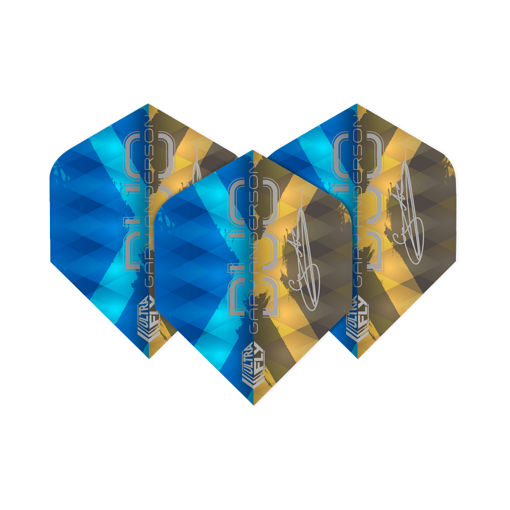 Vuelos Unicorn Ultrafly 100 Gary Anderson Duo Plus Das Bild zeigt drei Dartflights der Marke "Unicorn Ultrafly 100 Gary Anderson Duo Plus". Die Flights sind in den Farben Blau und Gold gestaltet und tragen den Schriftzug "Gary Anderson".