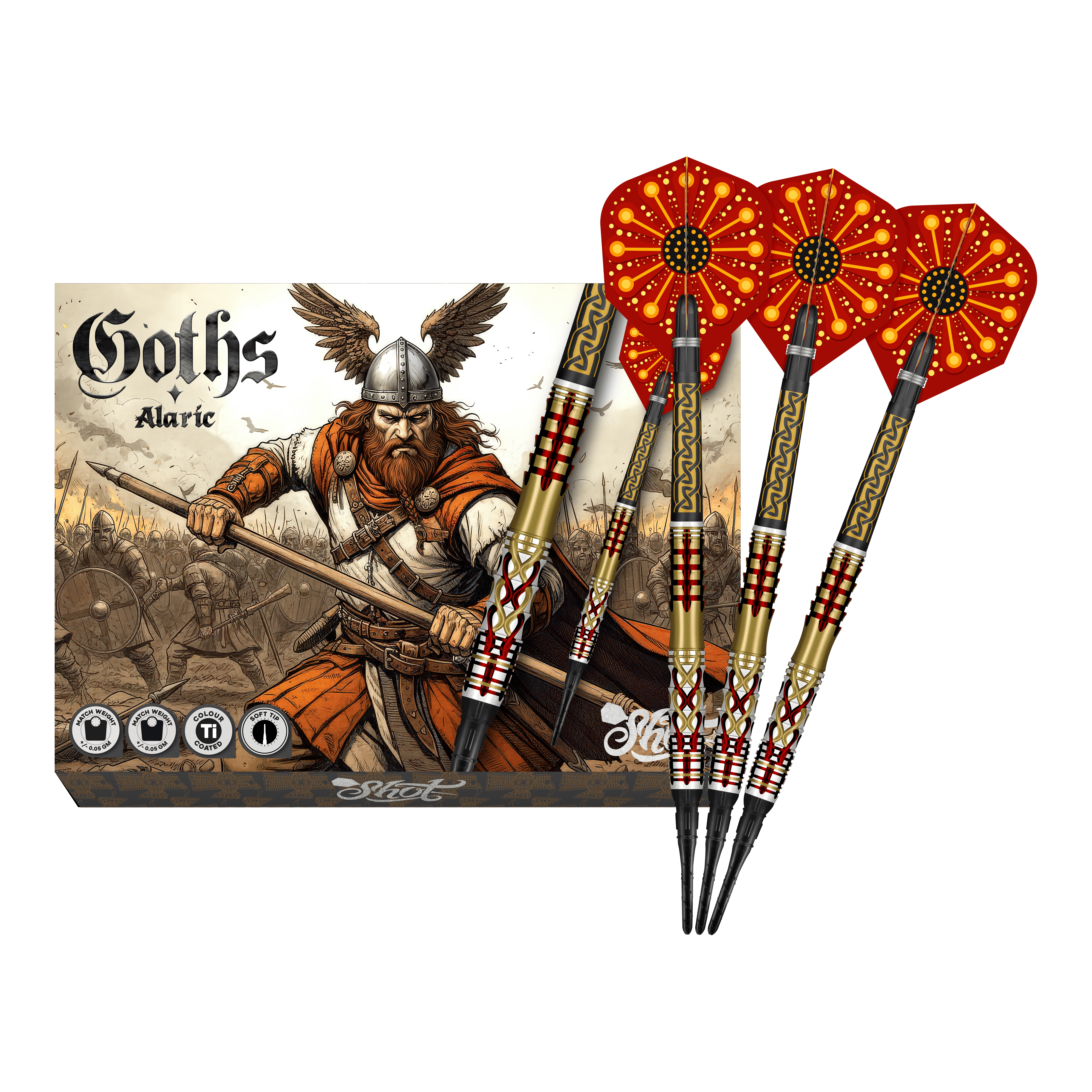 Dardos blandos Shot Goths Alaric - 20 g Abgebildet sind die Shot Goths Alaric Softdarts - 20g in voller Ansicht. Die gesamte Länge der Darts ist deutlich erkennbar.