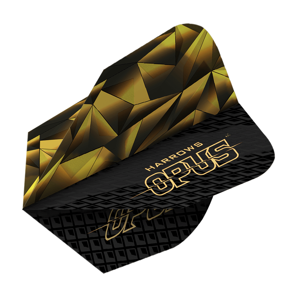 Vuelos de Harrow's Opus Versión 1 Das Bild zeigt das Produkt "Harrows Opus Version 1 Flights". Das Design ist in Schwarz und Gold mit geometrischen Mustern und dem Schriftzug "OPUS" gestaltet.