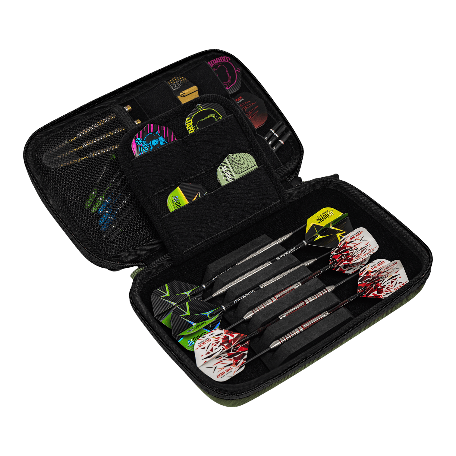 Cartera para dardos Harrows Smart Case XL Das Bild zeigt ein offenes Dart-Etui mit mehreren Fächern. Darin befinden sich drei zusammengesetzte Darts sowie diverses Dart-Zubehör und Ersatzteile.