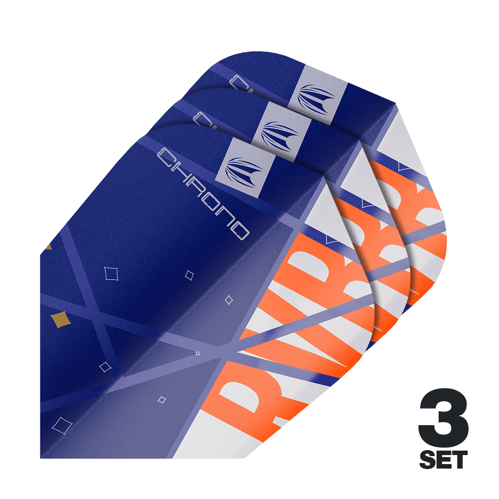 Target Pro Ultra Raymond Van Barneveld Chrono Ten-X Standard Flights - 3 juegos Auf dem Bild sind drei Sätze von Target Pro Ultra Raymond Van Barneveld Chrono Ten-X Standard Flights zu sehen. Die Flights sind überwiegend blau mit orangefarbenen und weißen Akzenten gestaltet.