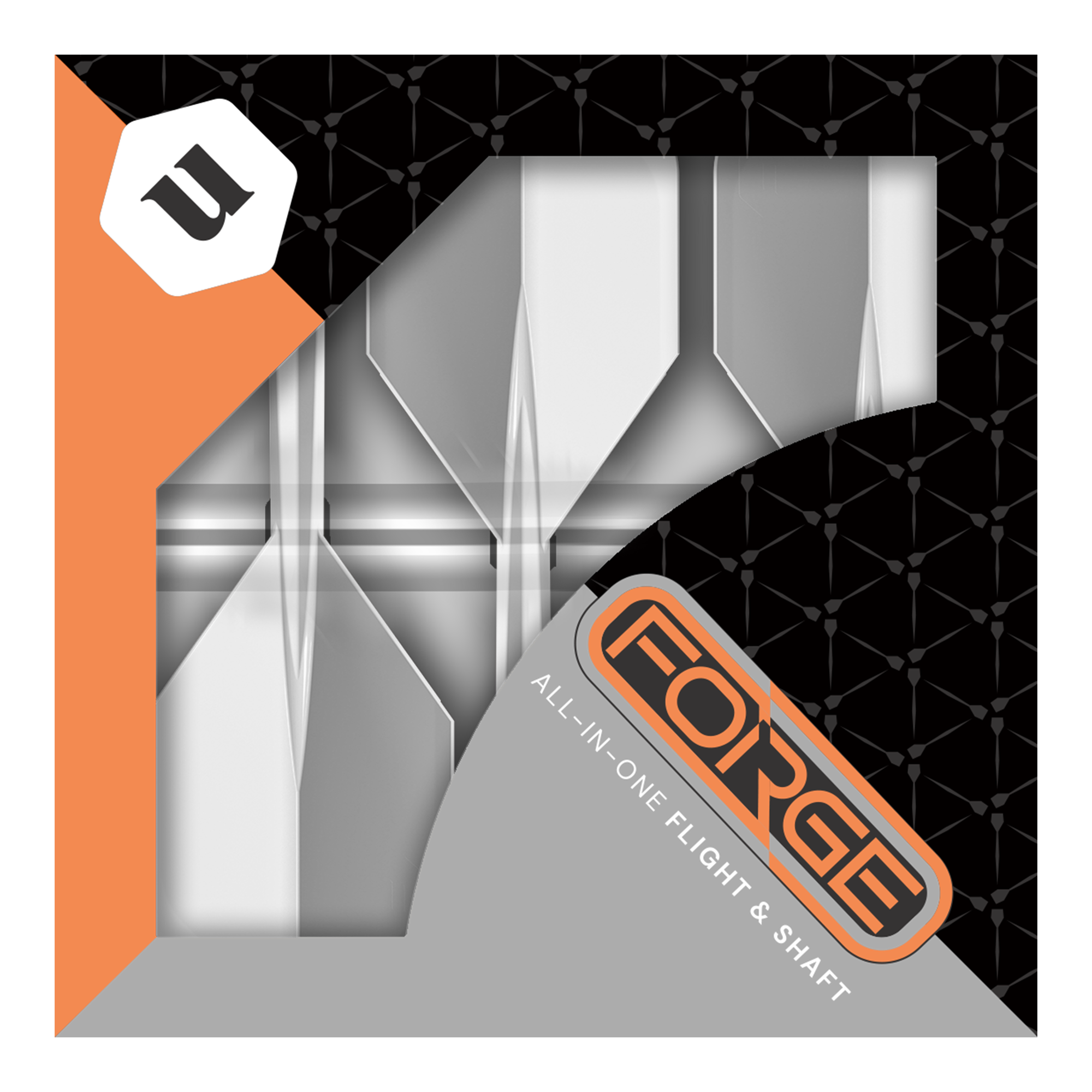 Plumas estándar Unicorn Forge All In One Plus No2, transparentes, medianas Das Bild zeigt die Verpackung des Produkts „Unicorn Forge All In One Plus No2 Standard Flights Clear - Medium“. Die Verpackung ist in Schwarz, Orange und Grau gehalten und zeigt die Flights und Shafts durch ein Sichtfenster.
