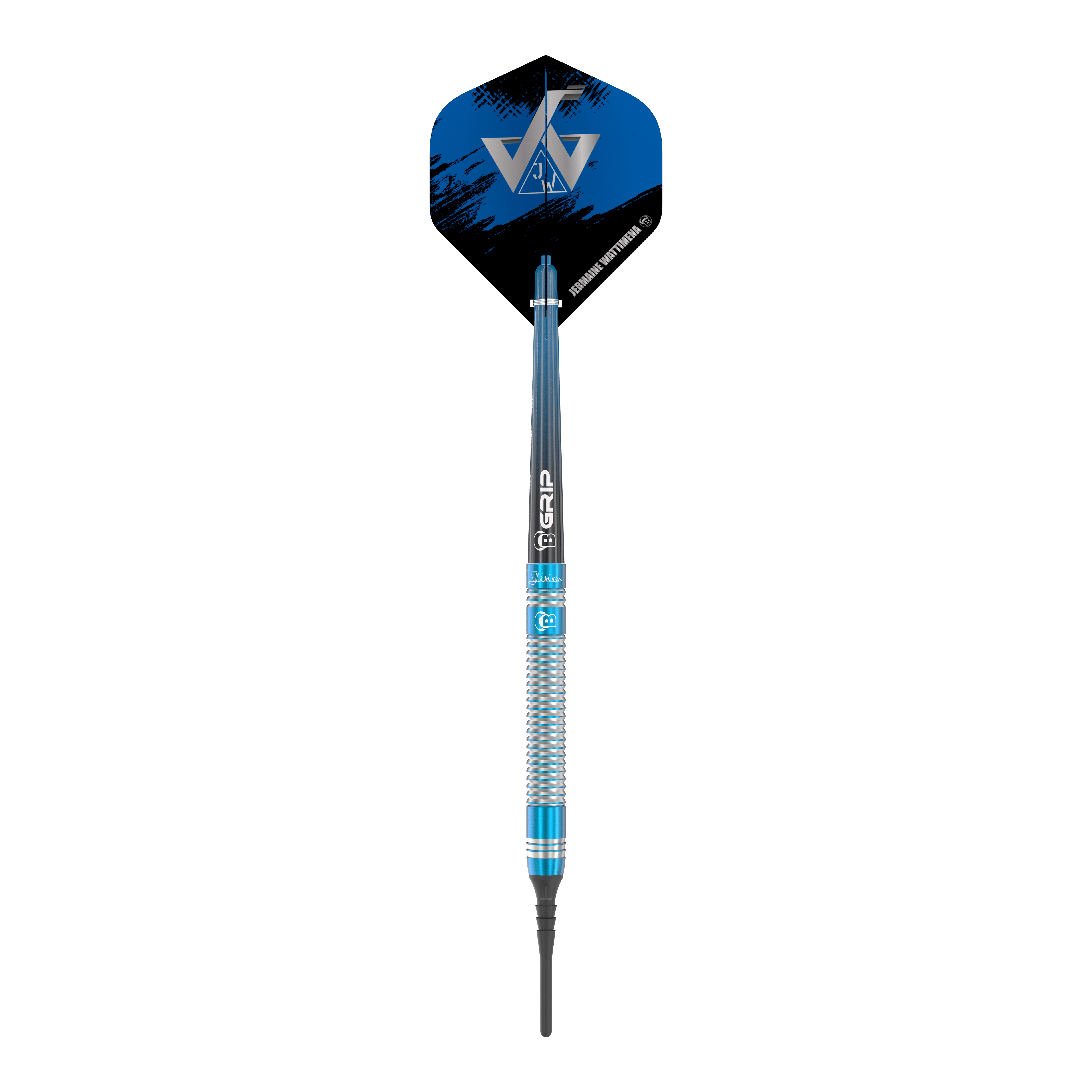 Dardos blandos Bulls Jermaine Wattimena Generation 3 - 20 g Das Bild zeigt einen Bulls Jermaine Wattimena Generation 3 Softdart mit 20g Gewicht. Der Dartpfeil hat ein auffälliges blau-silbernes Design und ein schwarzes Flight mit silbernem Logo.