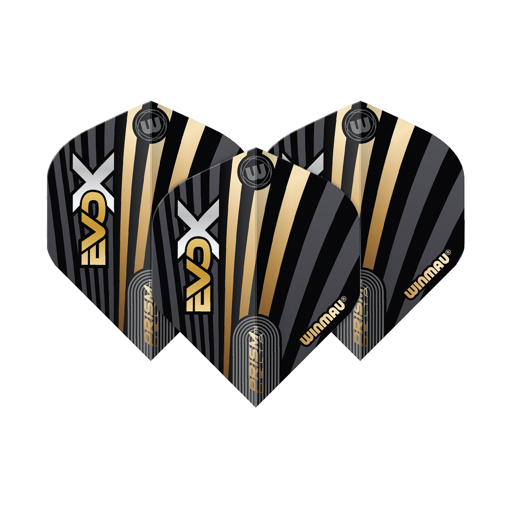 Vuelos estándar Winmau Prism Delta MvG Evo-X No2 Das Bild zeigt drei Winmau Prism Delta MvG Evo-X No2 Standard Flights. Sie haben ein schwarzes Design mit goldenen und silbernen Streifen sowie dem Winmau-Logo.