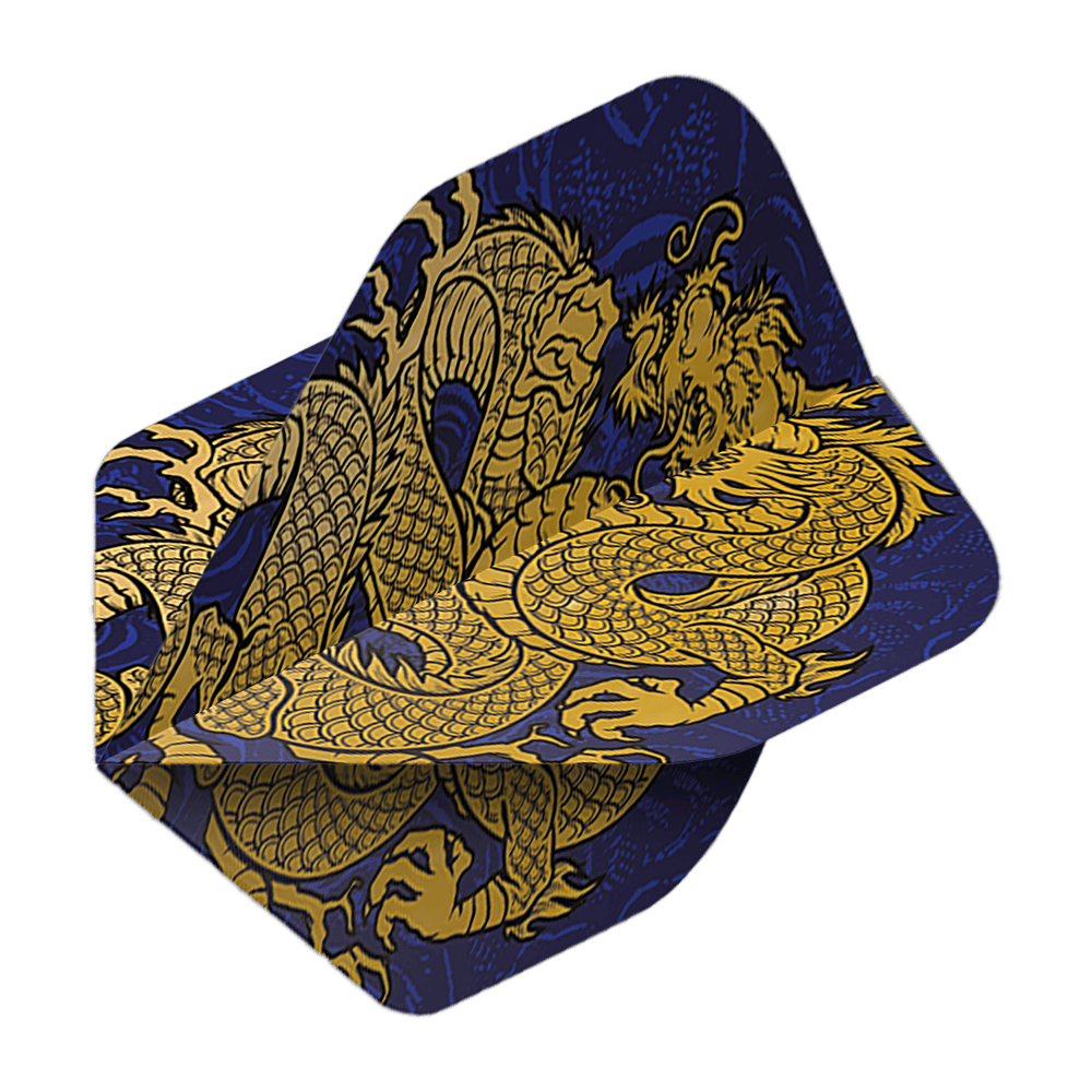 Vuelos de pentatlón Dragón azul Das Bild zeigt die Pentathlon Dragon 4 Standard Flights. Auf den Flights ist ein goldener Drache auf dunkelblauem Hintergrund abgebildet.