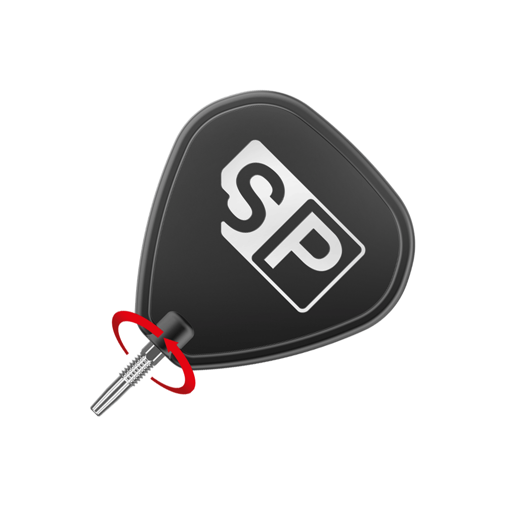 Puntas de dardos Target Swiss Point Silver Das Bild zeigt eine silberne Dartspitze, die an einem schwarzen Dartflight mit der Aufschrift "SP" angebracht ist. Ein roter Pfeil deutet darauf hin, dass die Spitze gedreht oder gewechselt werden kann.