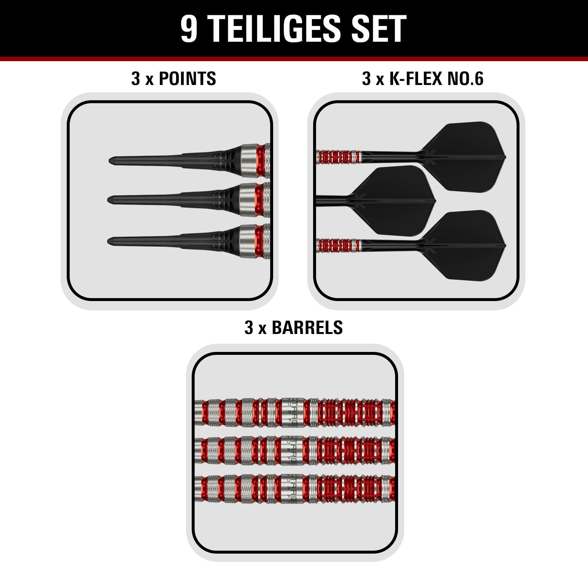 Dardos blandos Target Black Marque Spinel - 21,5 g Abgebildet sind Target Black Marque Spinel Softdarts mit einem Gewicht von 21,5g. Sie zeichnen sich durch eine edle Optik und hohe Qualität aus.