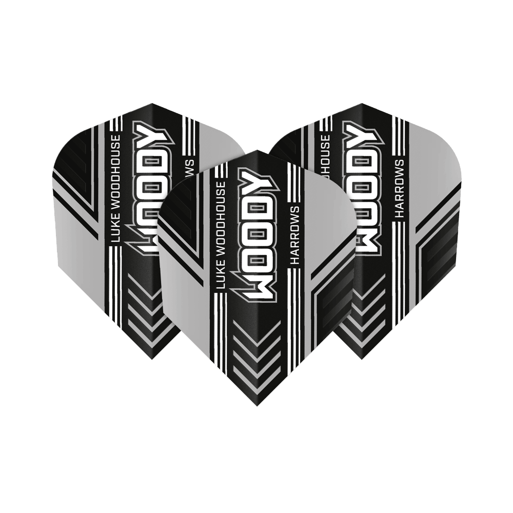 Harrows Prime Luke Woodhouse Woody No6 Vuelos Das Bild zeigt drei Dart-Flights mit dem Aufdruck "WOODY", "LUKE WOODHOUSE" und "HARROWS". Die Flights sind in Schwarz, Weiß und Grau gestaltet und haben ein modernes Streifendesign.