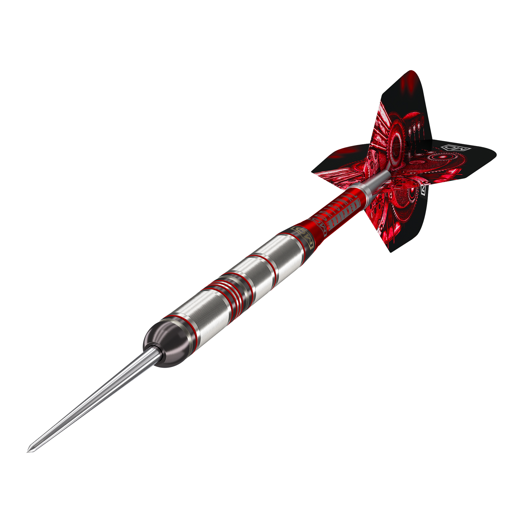 Dardos de acero DW Piranha Razor 01 Das Bild zeigt einen DW Piranha Razor 01 Steeldart. Der Dartpfeil hat ein silbernes Barrel mit roten Akzenten und rote Flights.