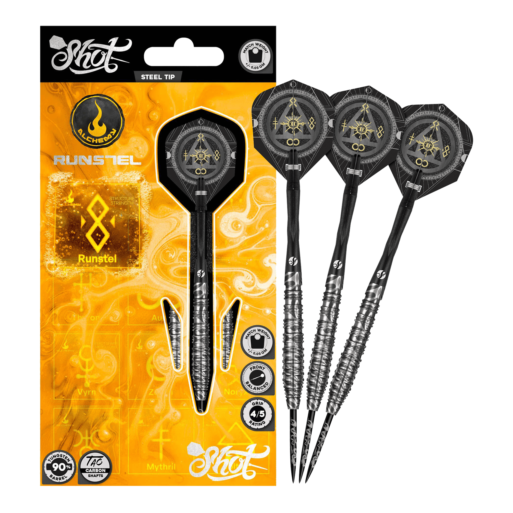 Dardos de acero Runstel de Shot Alchemy Hier wird das Modell Shot Alchemy Runstel Steeldarts dargestellt. Die Steeldarts sind komplett und aus der Nähe abgebildet.