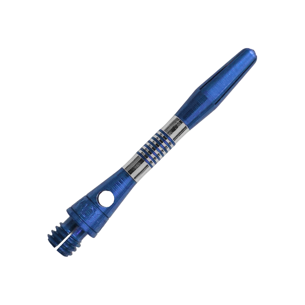 Blauer Aluminium Dart Schaft mit 34mm Länge ist zu sehen. Ideal für individuelle Dartpfeile und Präzision beim Spiel.