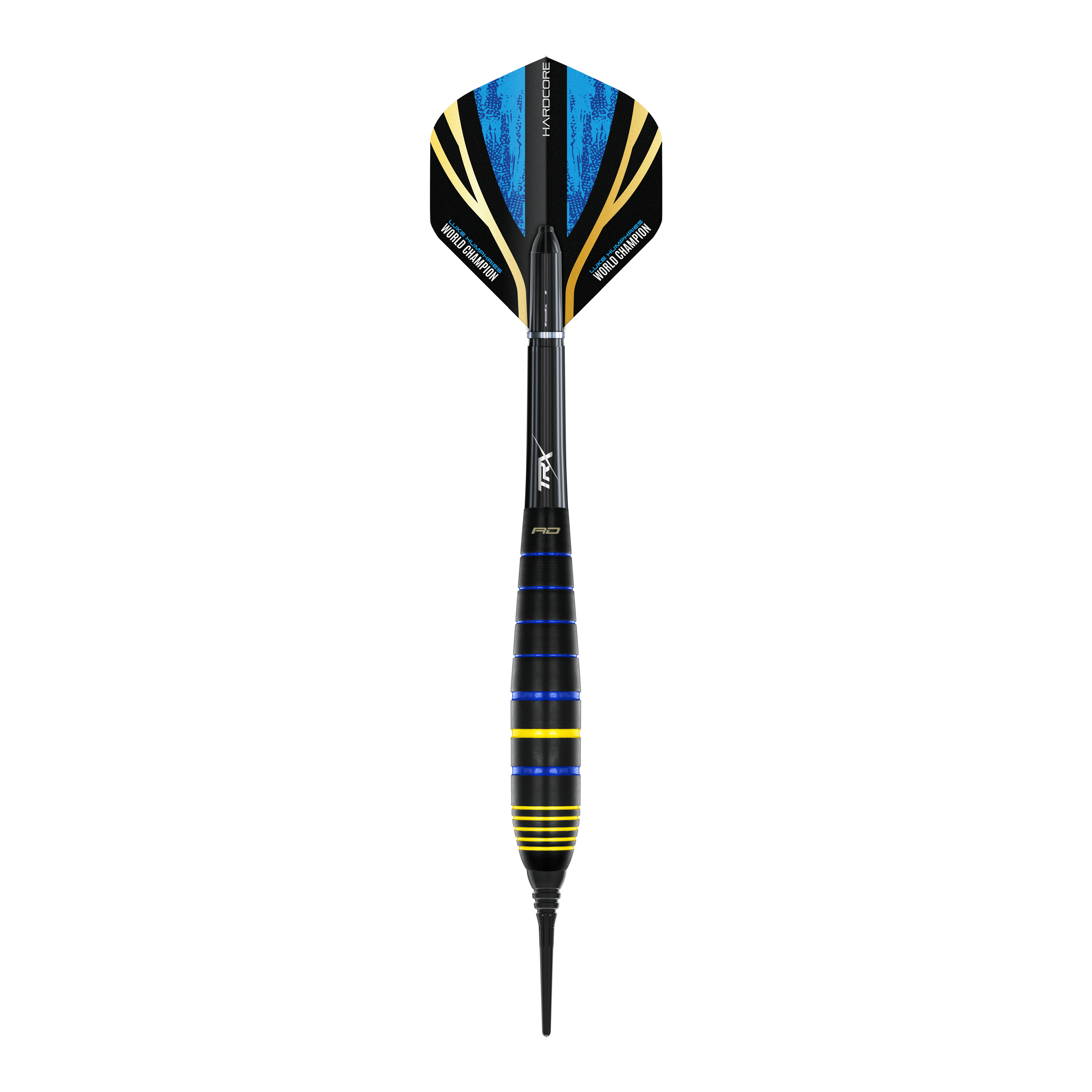Dardos blandos de latón Red Dragon Luke Humphries, campeón mundial, 20 g Das Bild zeigt einen Red Dragon Luke Humphries World Champion Brass Softdart mit 20g Gewicht. Der Dart ist schwarz mit blauen und gelben Akzenten gestaltet.