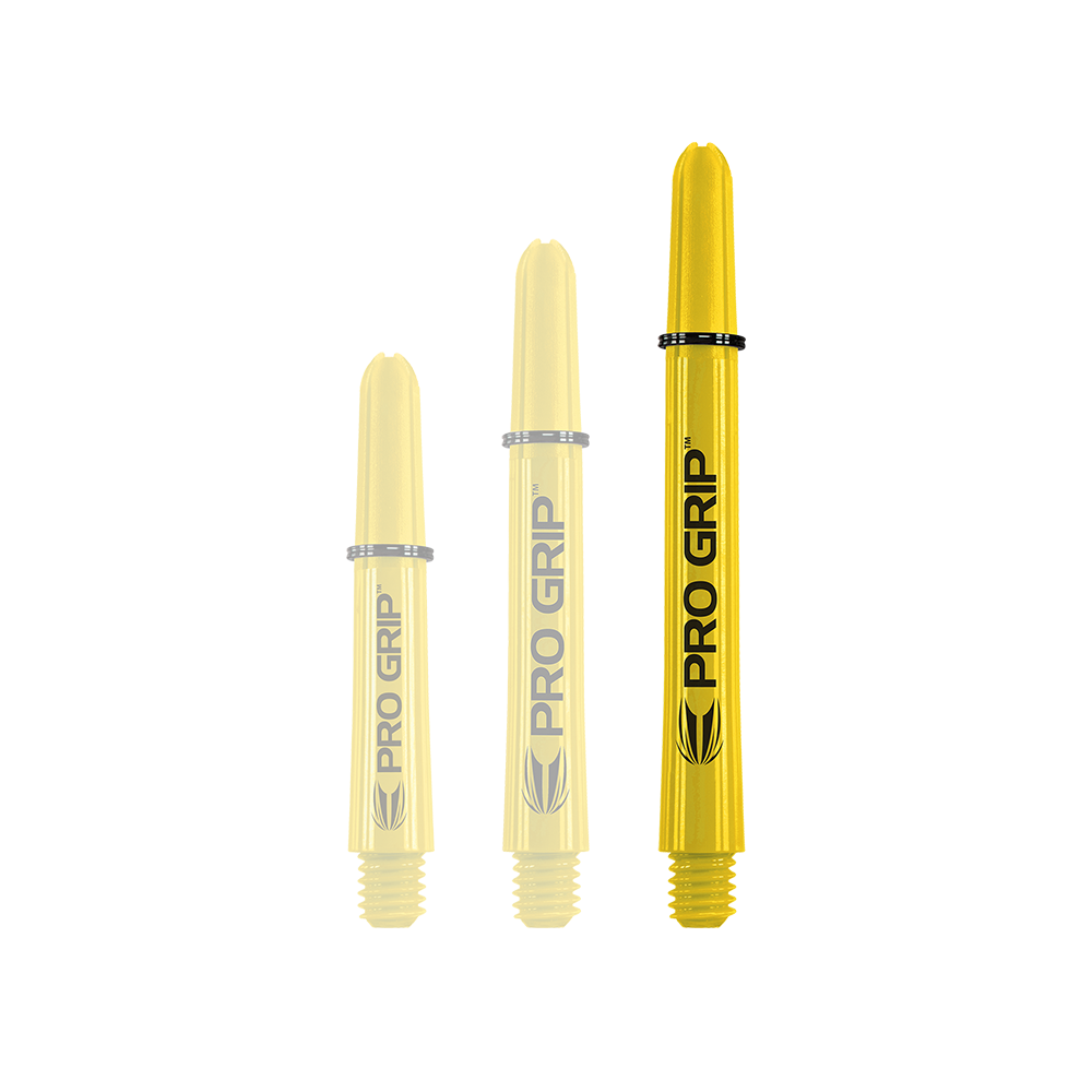 Varillas Target Pro Grip - 3 juegos - Amarillo Auf dem Bild sind drei gelbe Pro Grip Shafts in unterschiedlichen Längen zu sehen. Sie stehen nebeneinander und tragen die Aufschrift "PRO GRIP".