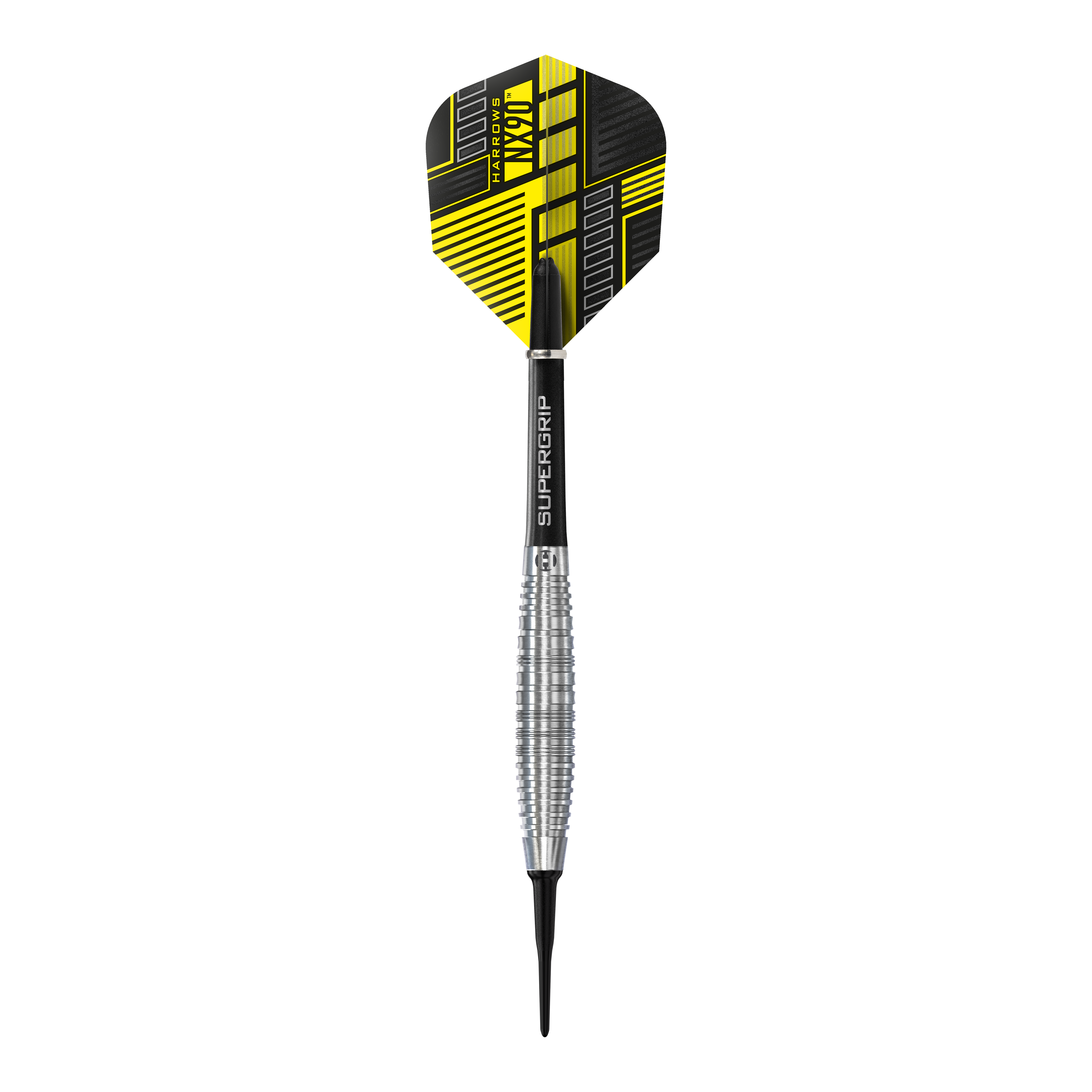 Dardos blandos Harrows NX90 Bomb Das Bild zeigt einen Harrows NX90 Bomb Softdart mit einem silbernen, geriffelten Barrel. Die Flight-Feder ist schwarz und gelb gemustert und trägt den Produktnamen.