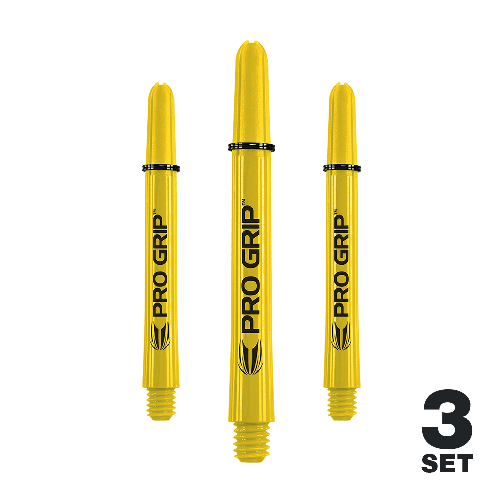 Varillas Target Pro Grip - 3 juegos - Amarillo Auf dem Bild sind drei gelbe Pro Grip Dartschäfte zu sehen. In der rechten unteren Ecke steht „3 Set“.