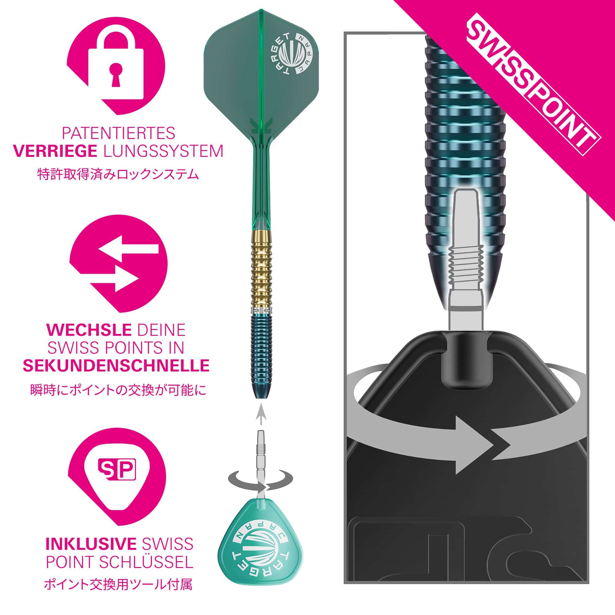 Dardos de acero Target Japan Prime Series Zenith GEN 2.5 Swiss Point Target Japan Prime Series Zenith GEN 2.5 Swiss Point Steeldarts sind hochwertige Steeldarts für professionelle Spieler. Das Bild zeigt das Produkt in Nahaufnahme.