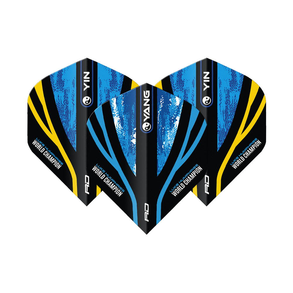 Dragón Rojo Luke Humphries Campeón Mundial Oro Azul Yin Yang Vuelos Estándar Das Bild zeigt drei Dart-Flights mit dem Design "Red Dragon Luke Humphries World Champion Blue Gold Yin Yang Standard Flights". Die Flights sind in Blau, Schwarz und Gold gehalten und tragen die Aufschrift "World Champion".