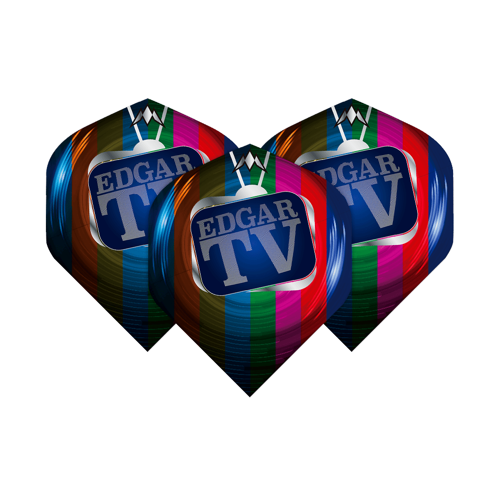 Misión Solo Matt Edgar No2 Vuelos Estándar Das Bild zeigt drei bunte Dart-Flights mit dem Aufdruck "EDGAR TV" auf einem Fernsehbildschirm. Die Flights sind Teil des Produkts "Mission Solo Matt Edgar No2 Standard Flights".