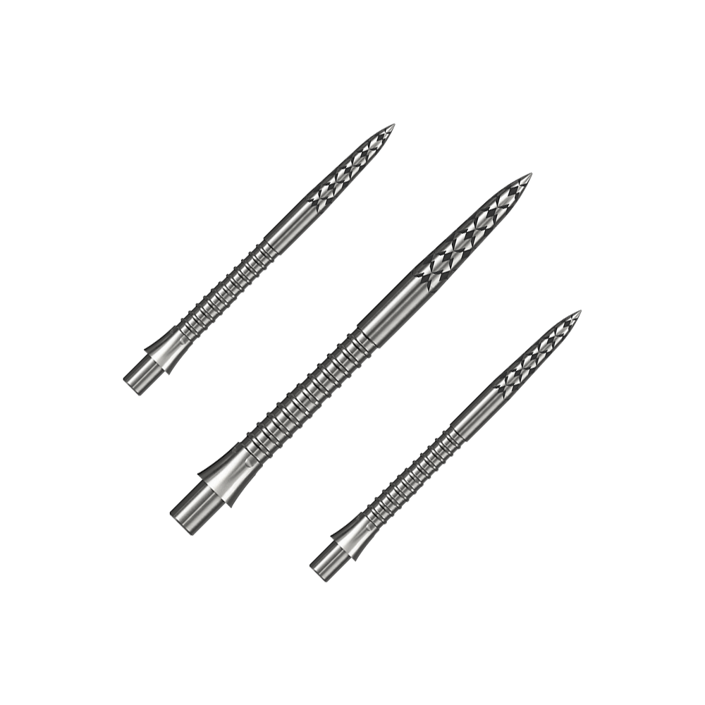 Puntas de dardos Mission Caliburn EVO con logotipo GV - plateadas Ein Set silberner Steeldartspitzen ist abgebildet. Die Spitzen sind vermutlich 32 mm lang.