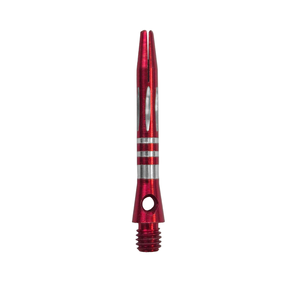 Zu sehen ist der Ringed Diamond Cut Aluminium Shafts - Rot - 35 mm. Der Schaft ist aus rotem Aluminium gefertigt und besitzt eine strukturierte Oberfläche.