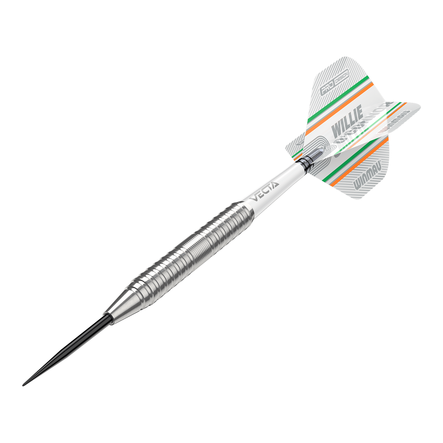 Dardos de acero Winmau Willie O'Connor - 23 g Das Bild zeigt einen silbernen Steeldartpfeil mit dem Namen "Winmau Willie O'Connor Steeldarts - 23g". Auf dem Flight sind grüne und orange Streifen sowie der Name "Willie O'Connor" zu sehen.