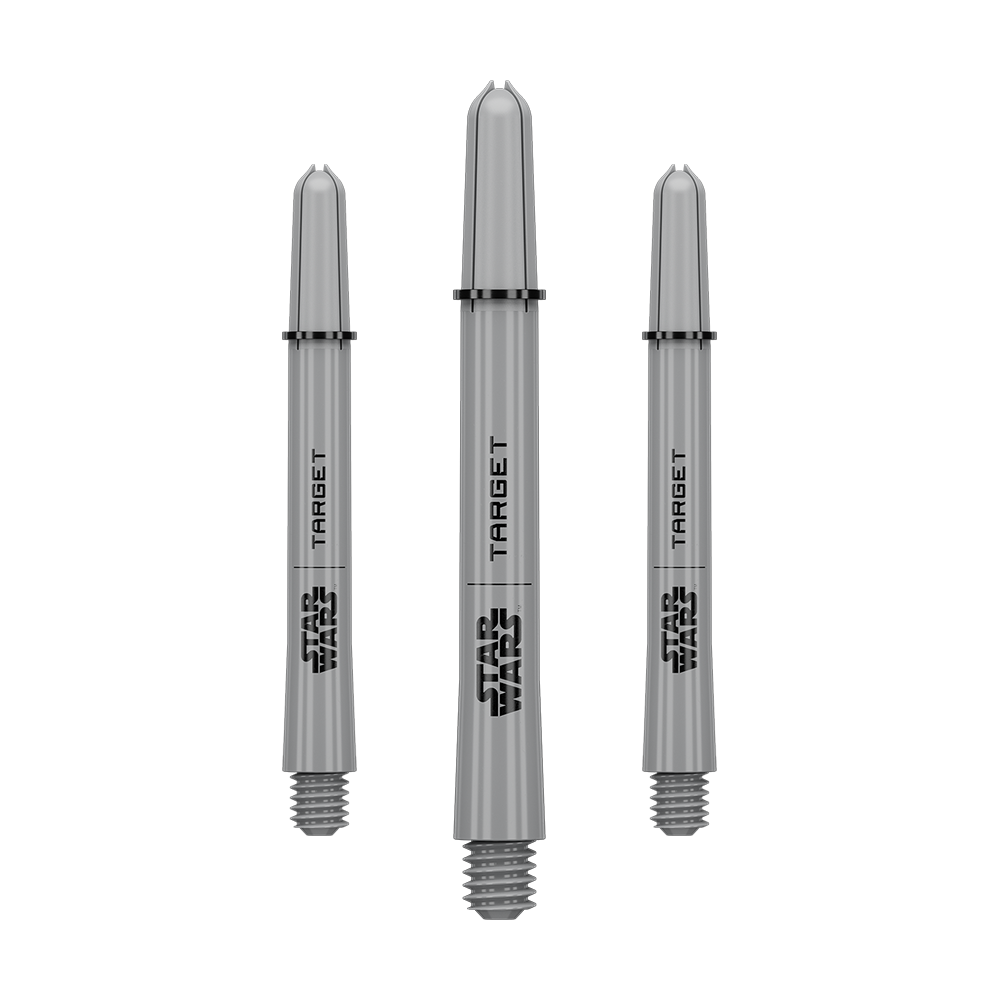 Varillas Target Star Wars ProGrip - Gris Das Bild zeigt ein Dart-Zubehör mit dem Dateinamen 380432_Target_StarWars_ProGrip_Shafts_Grau_Medium_48mm_1Set. Es handelt sich vermutlich um einen grauen Medium ProGrip Shaft von Star Wars mit 48mm Länge als Set.
