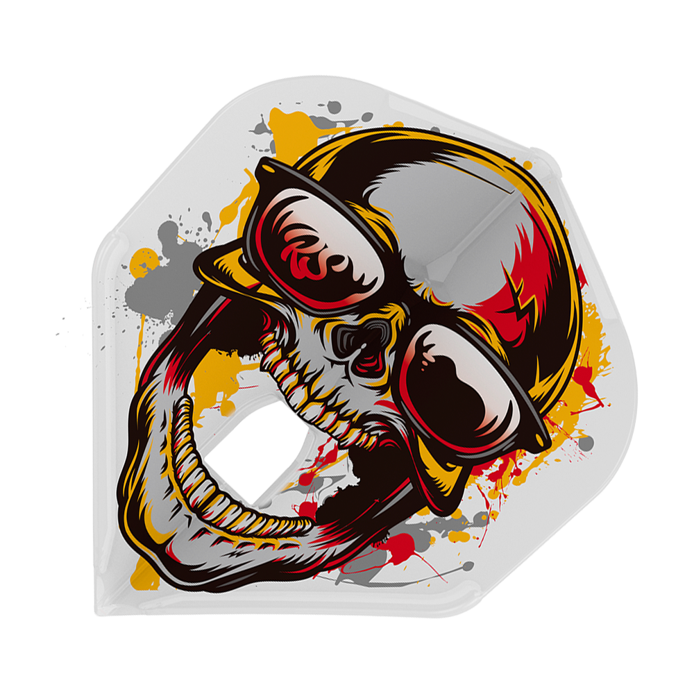 Vuelos estándar L-Style Marijanovic V1 L1PRO Das Bild zeigt das Produkt „L-Style Marijanovic V1 L1PRO Standard Flights“. Auf dem Flight ist ein farbenfrohes Totenkopfdesign mit Sonnenbrille und bunten Farbspritzern abgebildet.