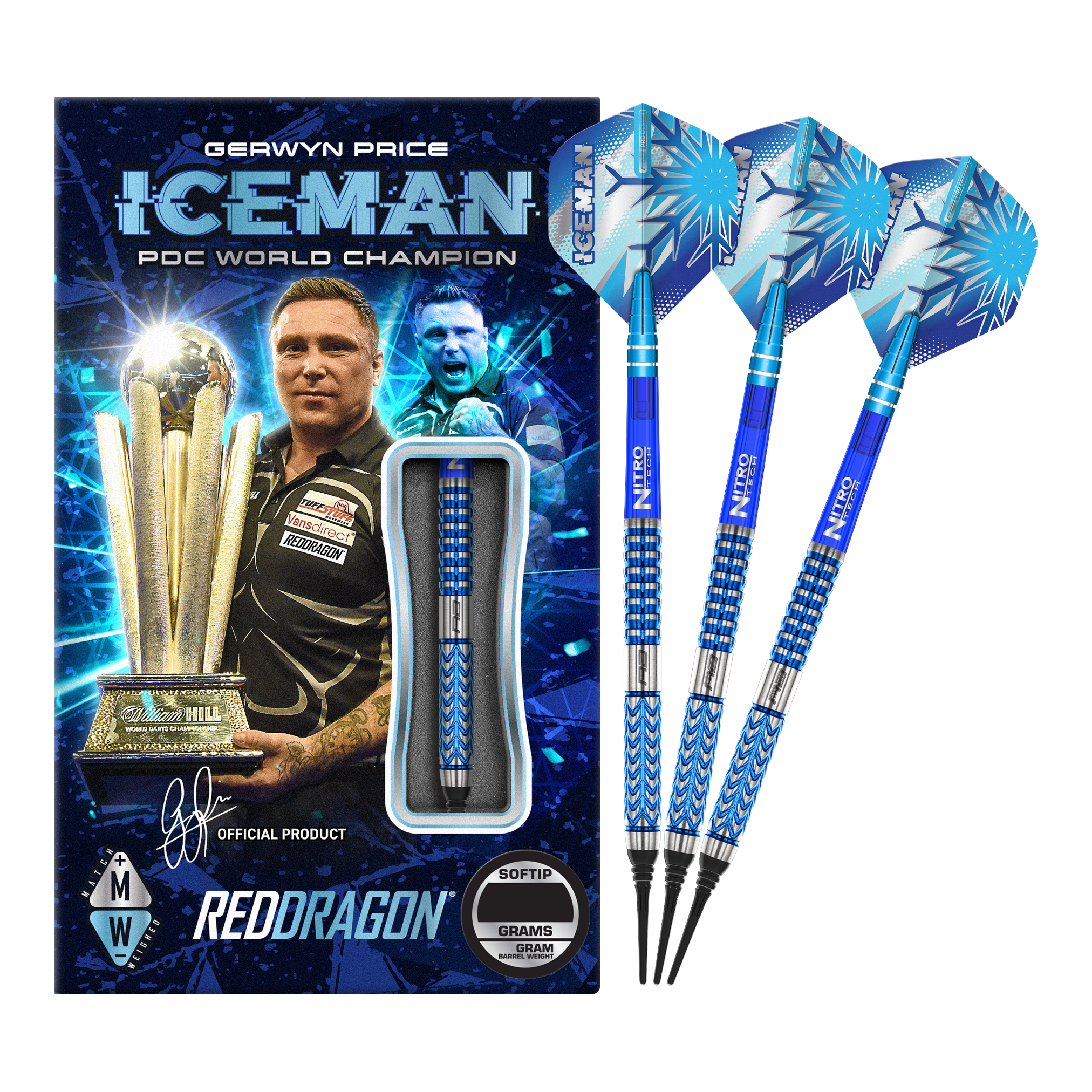 Dardos blandos Red Dragon Gerwyn Price Glacier - 18 g Das Bild zeigt das Produkt "Red Dragon Gerwyn Price Glacier Softdarts - 18g" mit einer auffälligen blauen Verpackung. Neben der Verpackung sind drei blaue Softdarts mit dem Schriftzug "ICEMAN" und einem Eismuster abgebildet.
