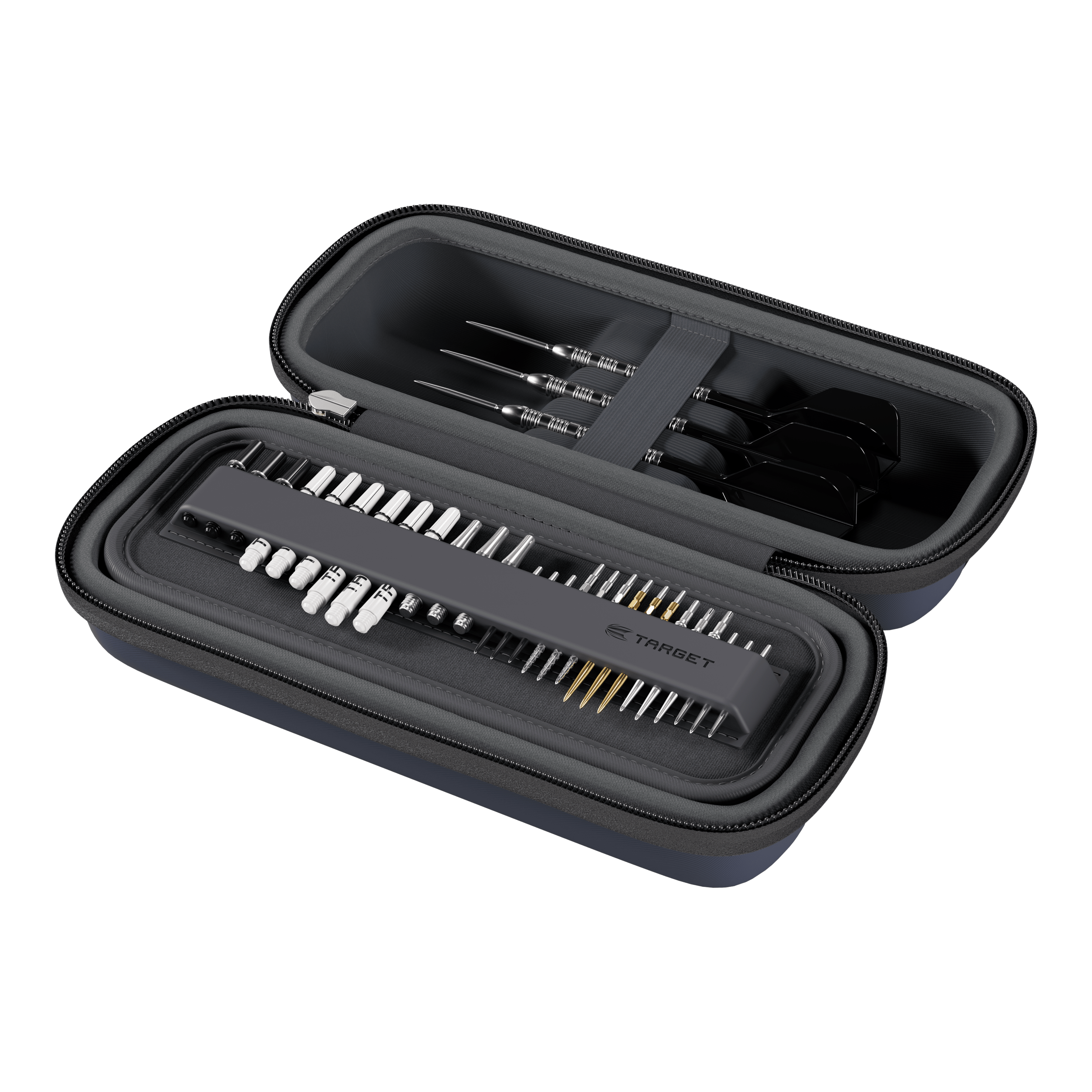 Estuche para dardos Target BOA Ein Dartcase in den Farben Navy und Dunkelgrau ist abgebildet. Es ist vermutlich das Target BOA Dartcase.