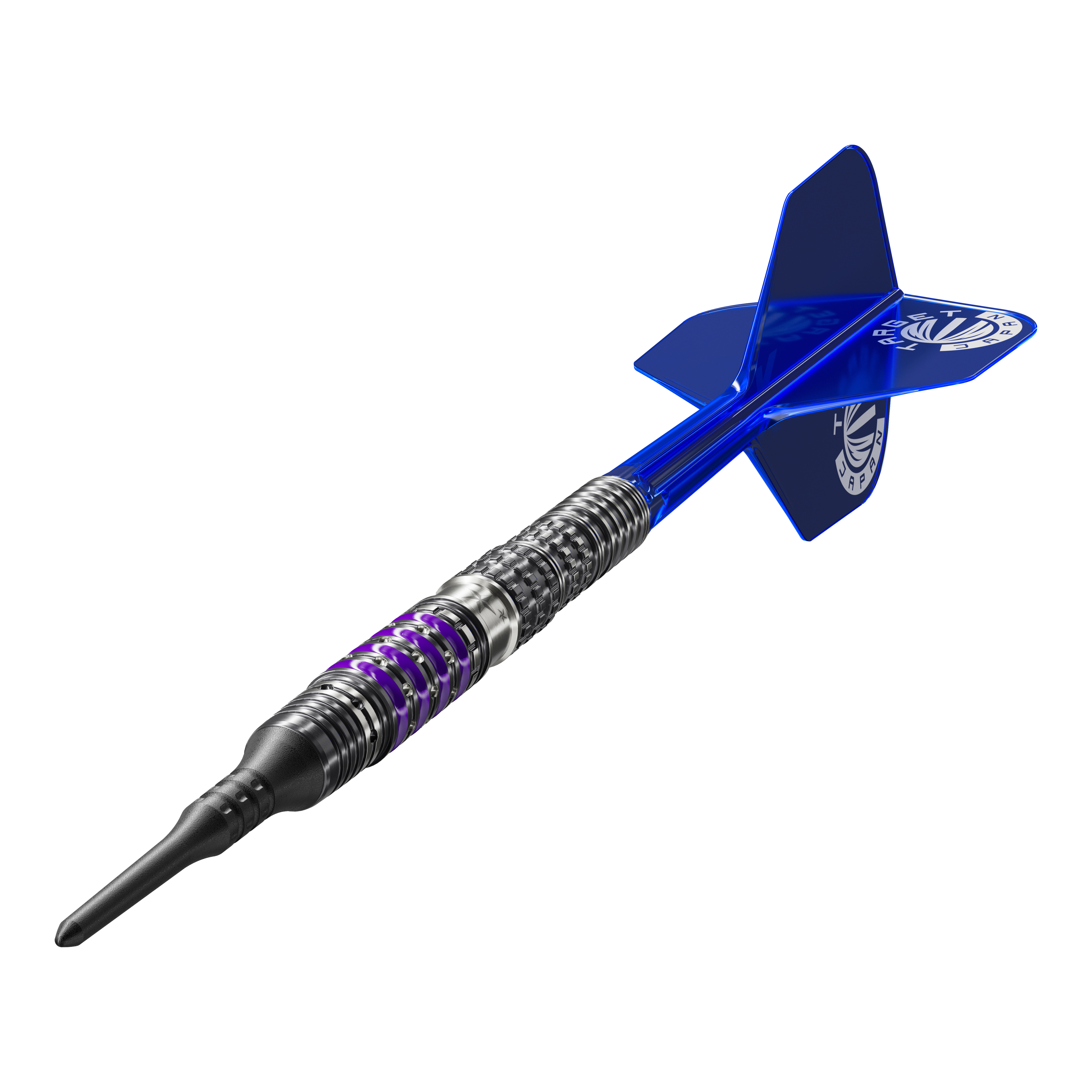 Dardos blandos Target Japan Prime Series Sirius GEN4 - 21,5 g Das Bild zeigt einen modernen Softdart aus der Produktreihe „Target Japan Prime Series Sirius GEN4“ mit einem Gewicht von 21,5g. Der Dart hat ein auffälliges, silber-schwarzes Design mit lila Akzenten und blauen Flights.