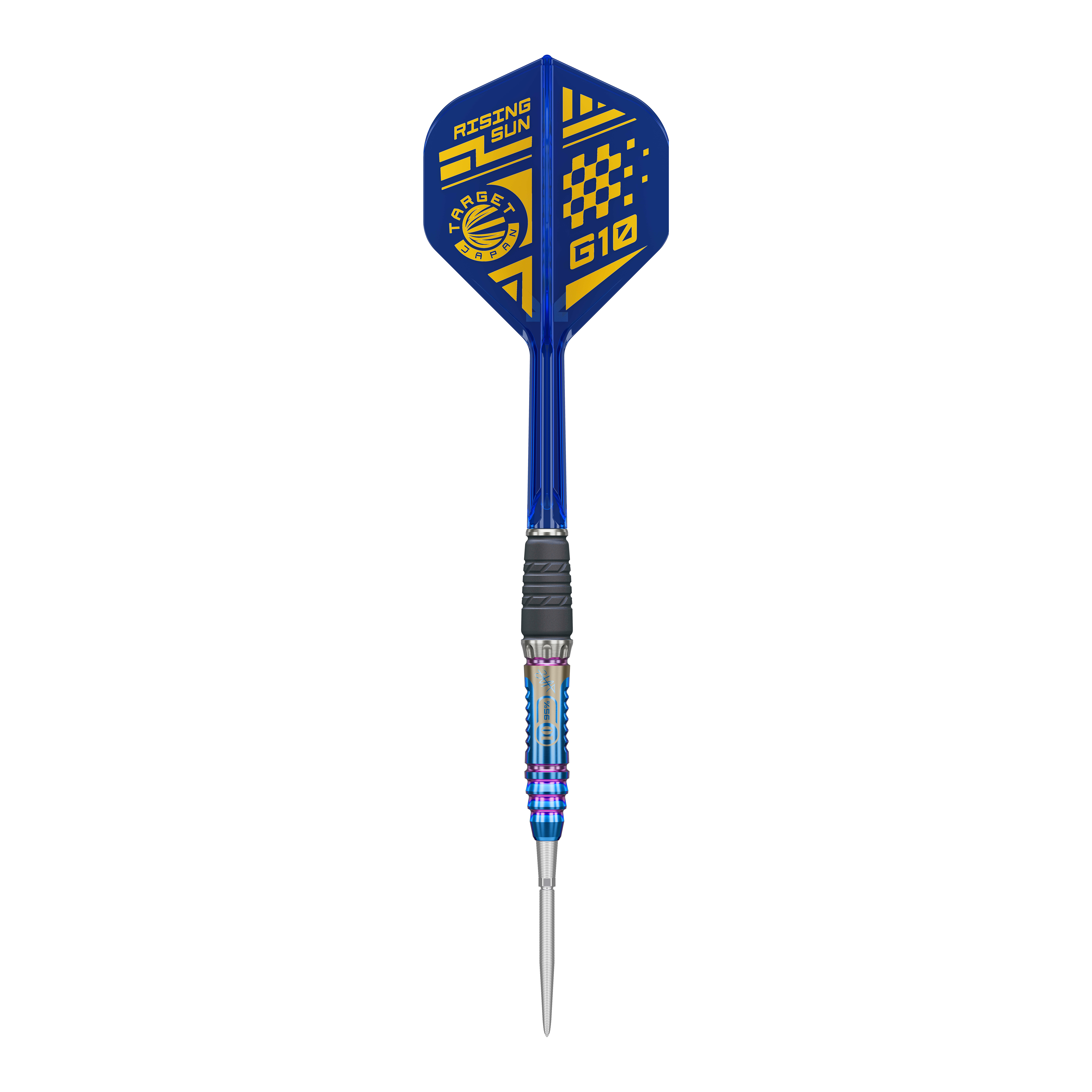 Dardos de acero Target Japan Rising Sun GEN10 Swiss Point Dies ist ein Bild der Target Japan Rising Sun GEN10 Swiss Point Steeldarts. Drei silberne Darts mit blauen Highlights sind zu sehen.