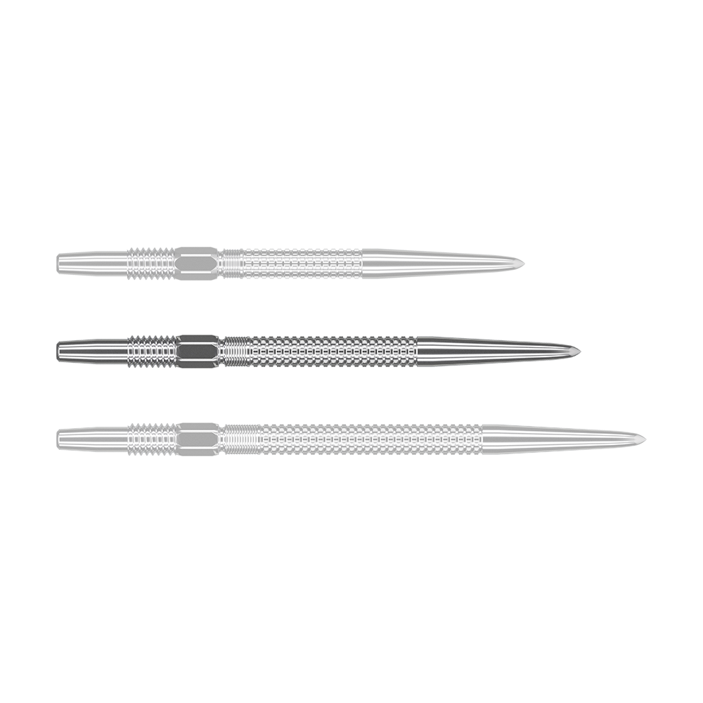 Puntas de dardos Target Swiss Point GRD Silver Das Bild zeigt drei silberne Dartspitzen des Produkts „Target Swiss Point GRD Silver Dartspitzen“. Die Spitzen sind nebeneinander angeordnet und haben eine feine Riffelung.
