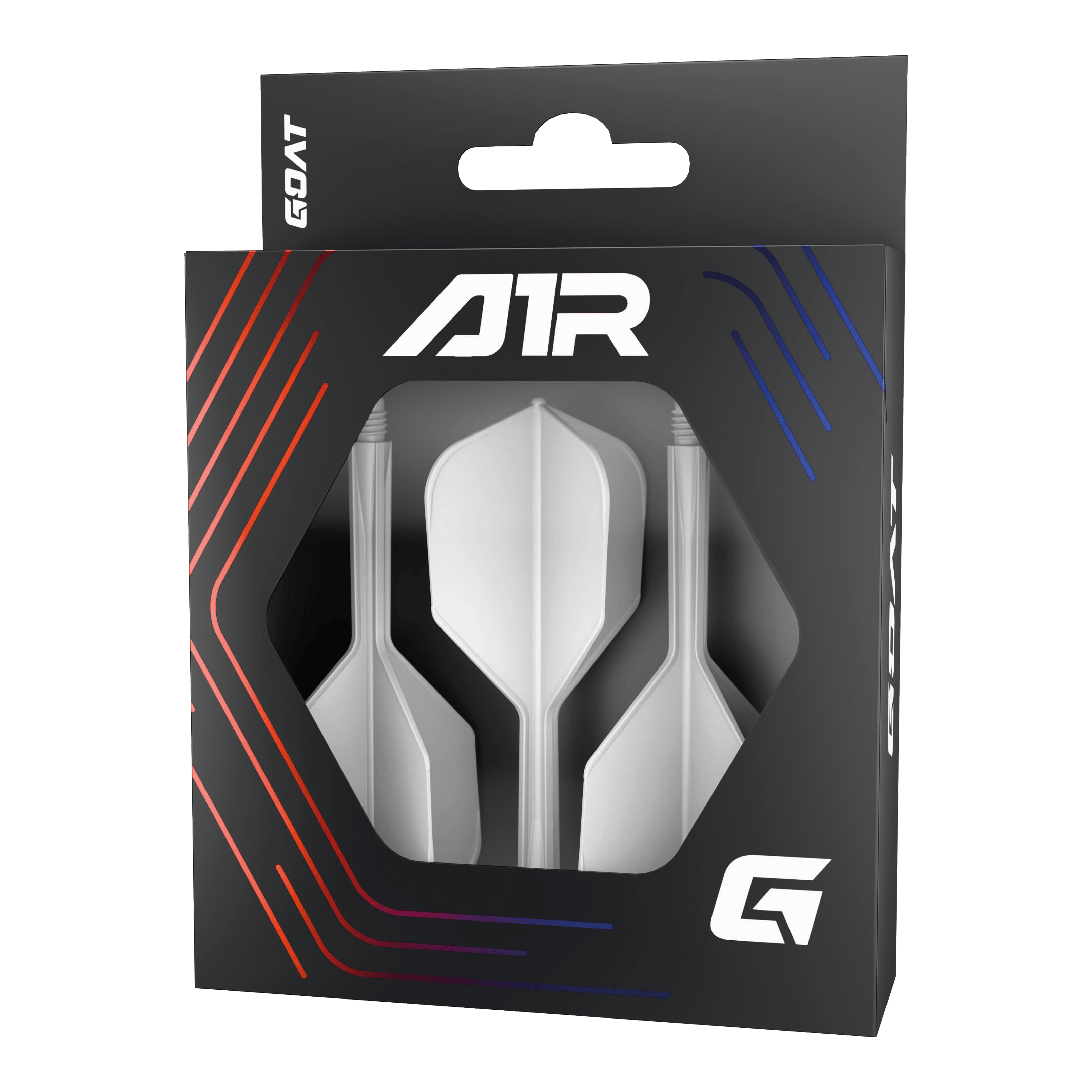 Sistema de eje de vuelo GOAT A1R No6 - Blanco Die Abbildung zeigt das Produkt „GOAT A1R No6 Flight-Shaft-System - Weiß“ in einer schwarzen Verpackung mit Sichtfenster. In der Verpackung sind drei weiße Dart-Flights mit Schäften zu sehen.