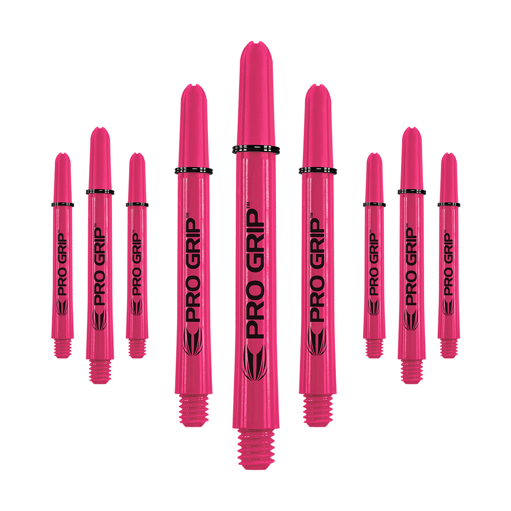 Varillas Target Pro Grip - 3 juegos - Rosa Auf dem Bild sind neun pinke Pro Grip Shafts zu sehen, die für Dartpfeile verwendet werden. Sie sind gleichmäßig angeordnet und tragen den Schriftzug "PRO GRIP" in schwarzer Farbe.