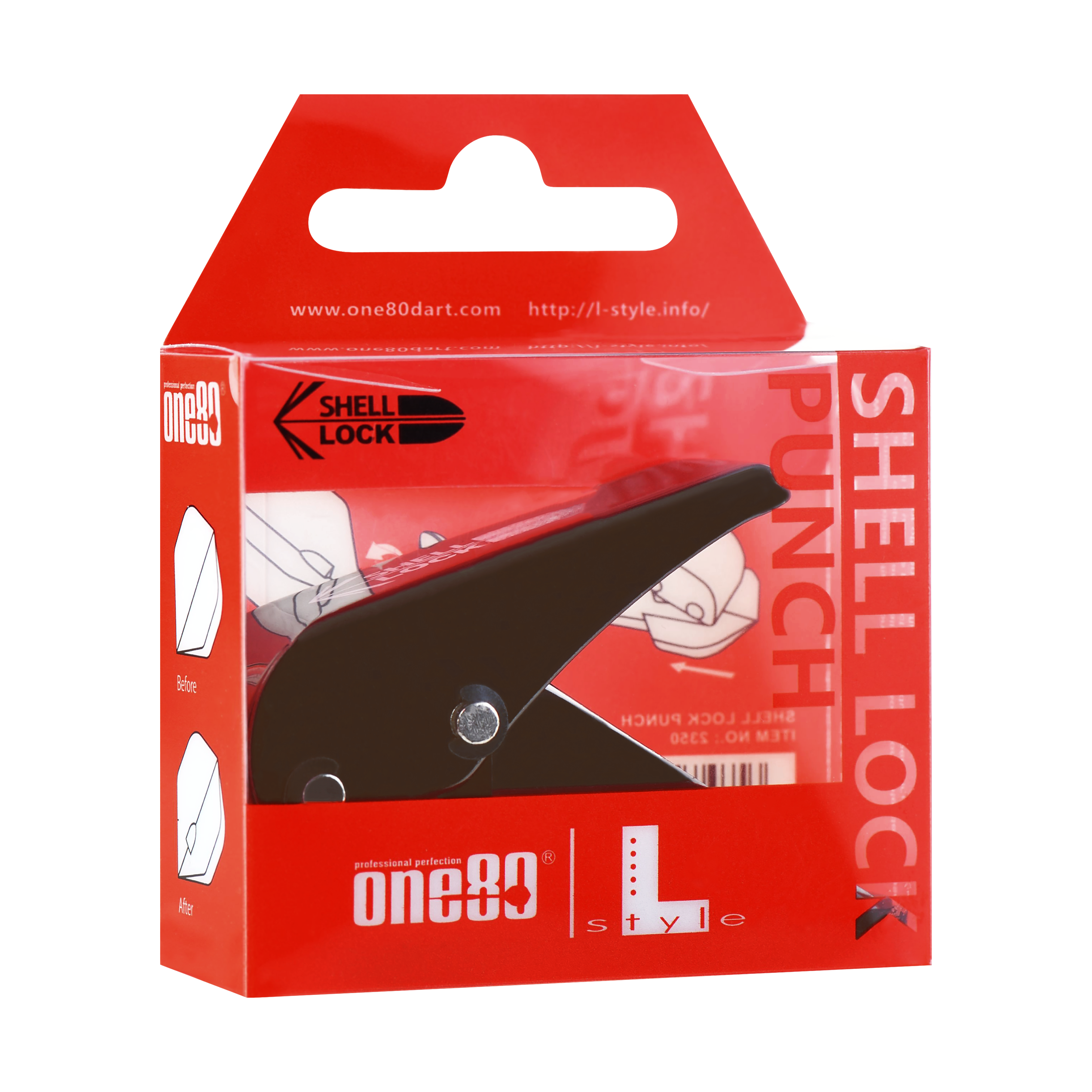 Punzón de bloqueo de carcasa One80 estilo L Das Bild zeigt die Verpackung des Produkts "L-Style One80 Shell Lock Punch Flightlocher". In der Packung befindet sich ein schwarzer Lochstanzer für Dart-Flights.