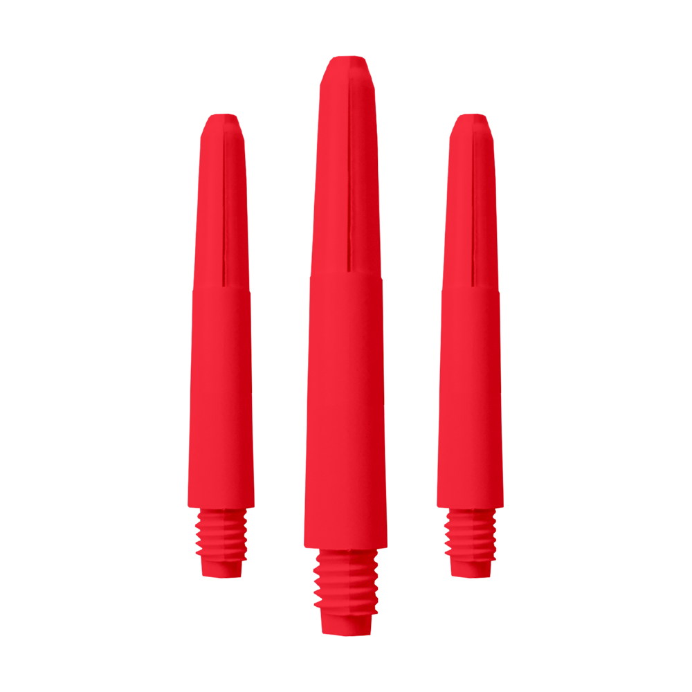 570_Nylon_Shafts_Rot_35mm_1 Das Bild zeigt drei rote Nylon-Schäfte mit Gewinde. Sie sind als Zubehör für Darts geeignet.