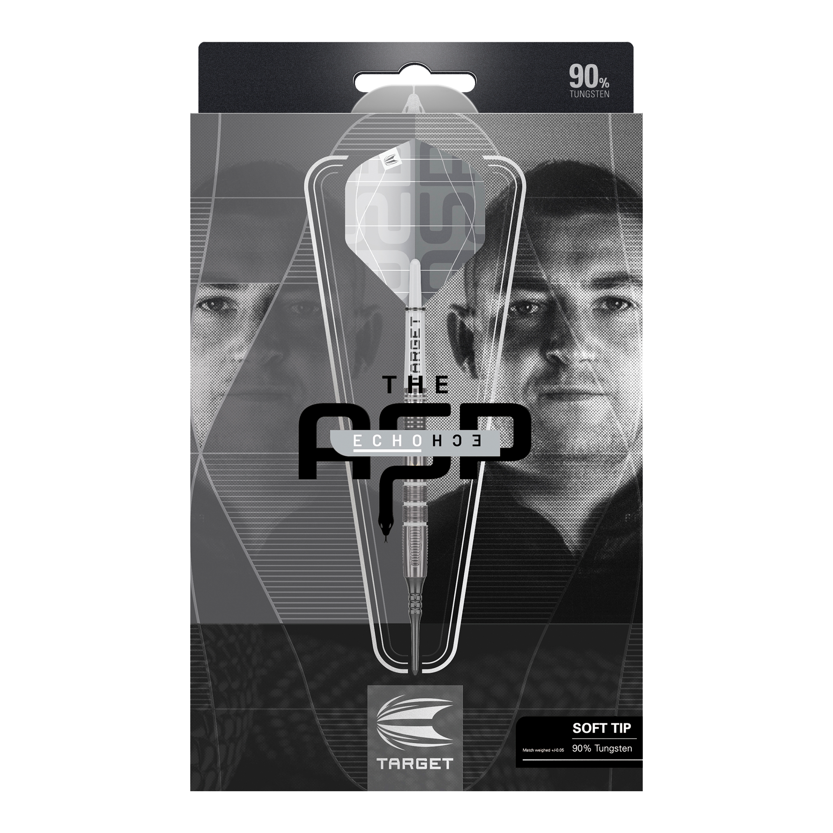 Dardos blandos Target Nathan Aspinall X Echo - 18 g Auf dem Bild ist die Verpackung des Produkts „Target Nathan Aspinall X Echo Softdarts - 18g“ zu sehen. In der Mitte der Verpackung befindet sich ein Softdart mit der Aufschrift „TARGET“ und im Hintergrund sind zwei Gesichter abgebildet.
