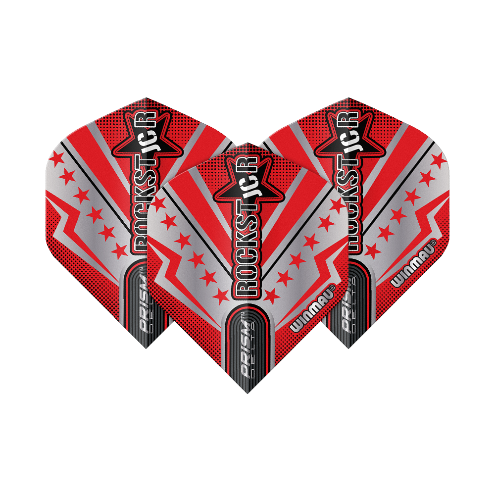 Vuelos estándar Winmau Prism Delta Joe Cullen Rockstar Series No2 Das Bild zeigt drei Dart-Flights der Serie "Winmau Prism Delta Joe Cullen Rockstar No2". Die Flights sind in rot, silber und schwarz gestaltet und tragen die Aufschrift "ROCKSTAR".