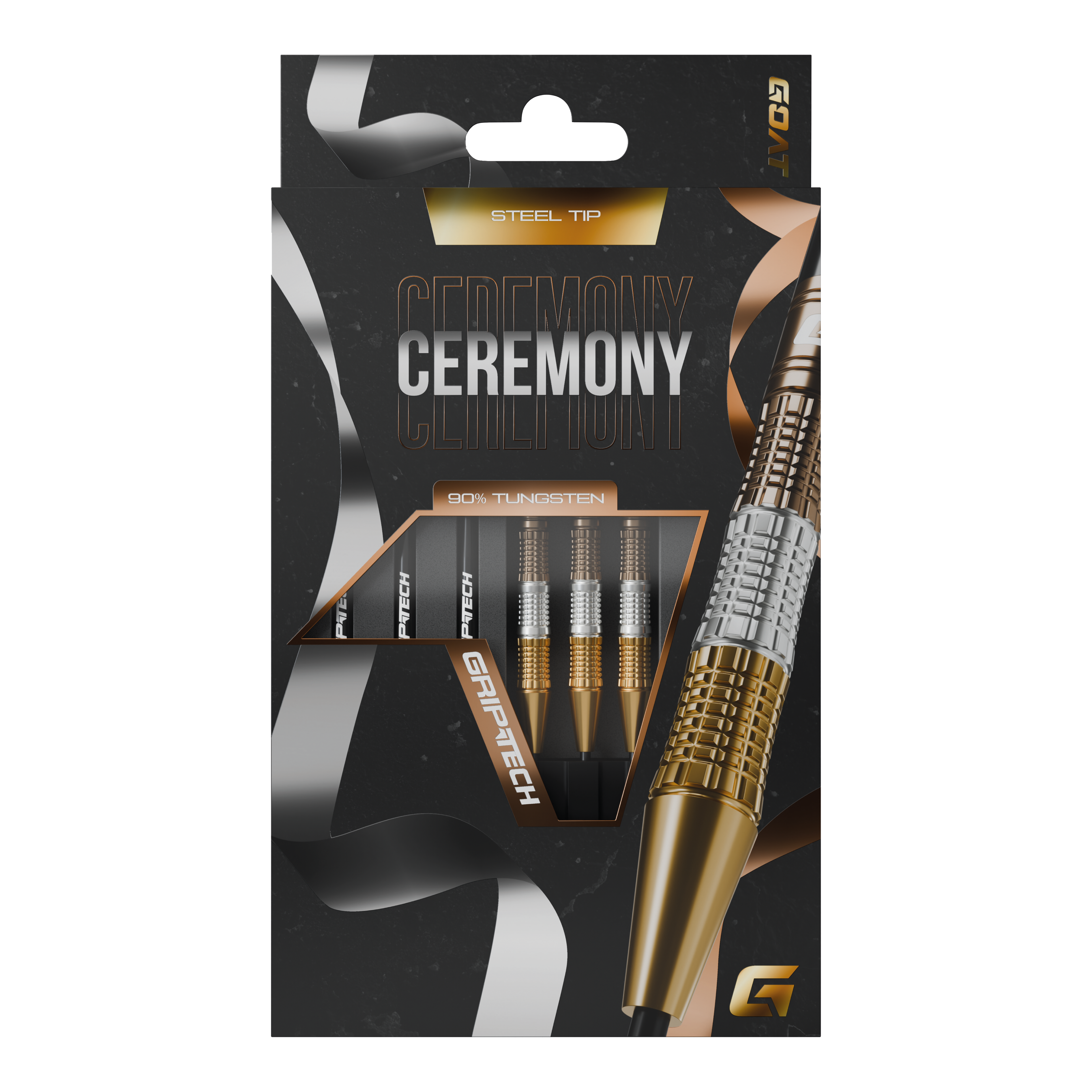 Dardos de acero de tungsteno para la ceremonia GOAT Die Abbildung zeigt eine Packung „GOAT Ceremony Tungsten Steeldarts“. Die Verpackung hebt die Eigenschaften wie 90% Tungsten und Grip-Tech besonders hervor.